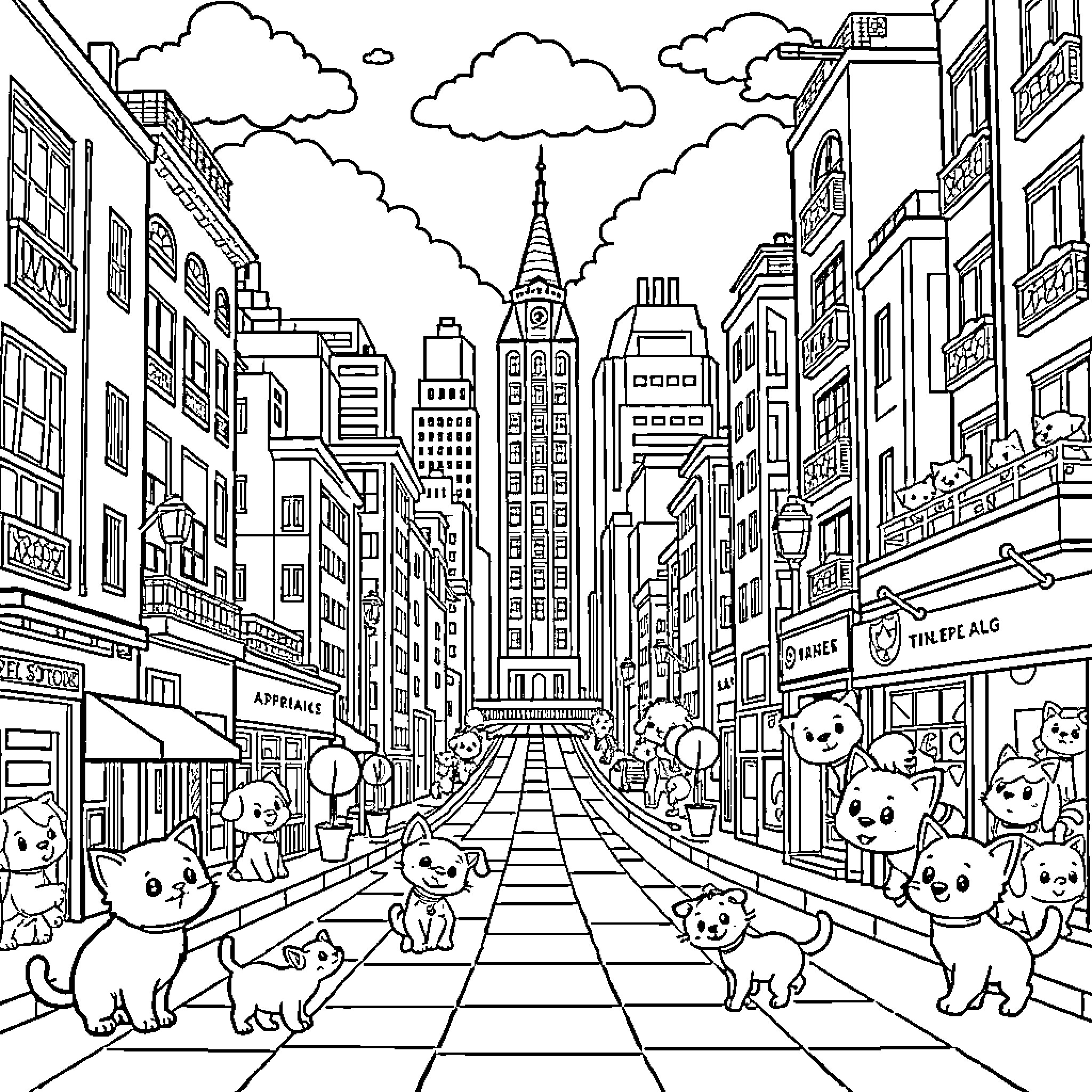 Chibi Animal Antics in the City Coloring Page (free black-and-white line drawing printable PDF for all, from beginners to advanced learners, including children, teens, adults, and seniors)