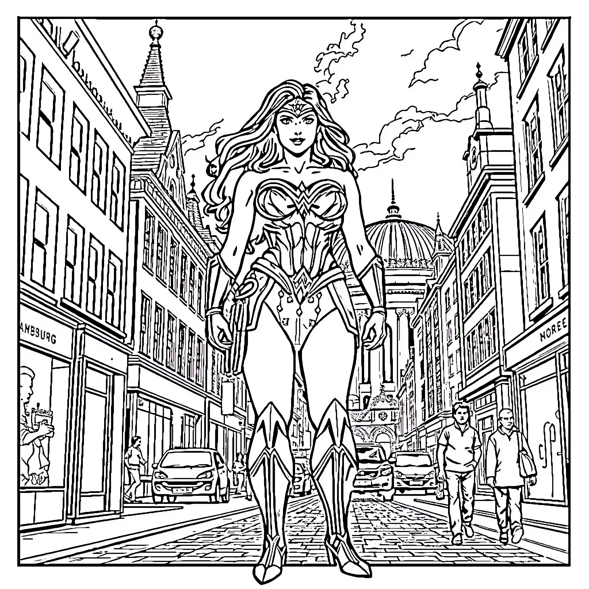 Wonder Woman heroically stands in a city street Coloring Page (free black-and-white line drawing printable PDF for all, from beginners to advanced learners, including children, teens, adults, and seniors)