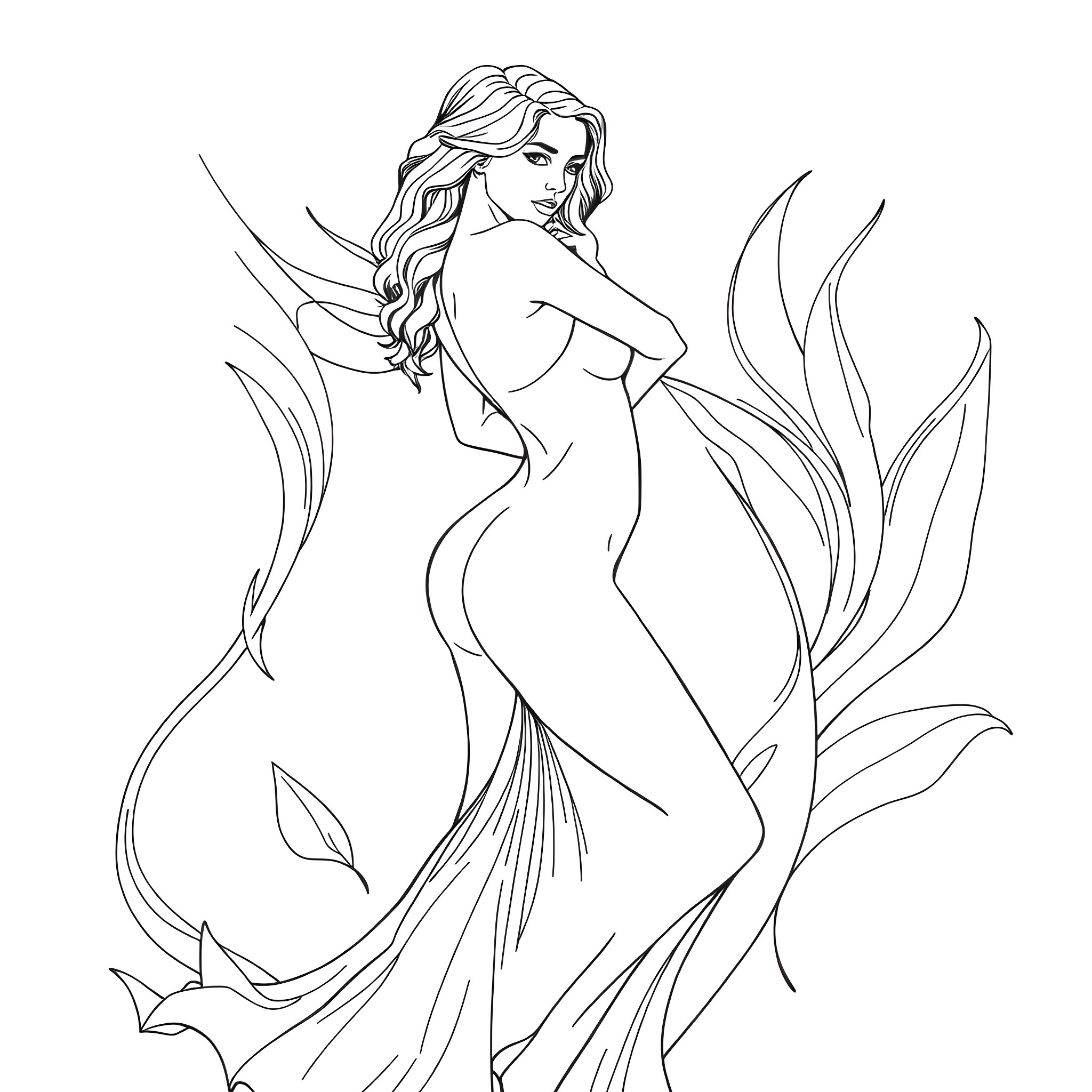 Woman as a Graceful Mermaid in Nature Coloring Page (free black-and-white line drawing printable PDF for all, from beginners to advanced learners, including children, teens, adults, and seniors)