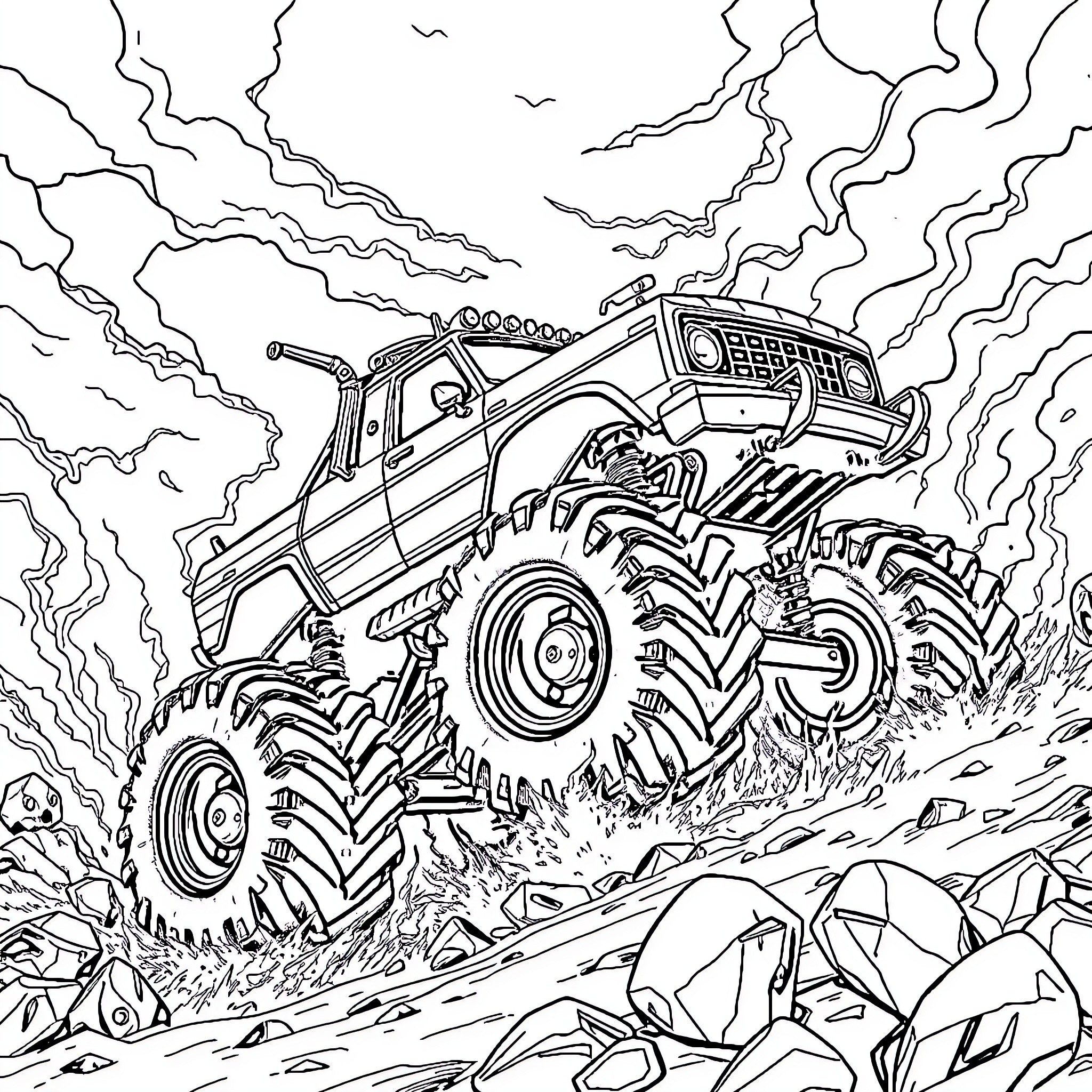 Monster Truck Crushing Through Rugged Terrain Coloring Page (free black-and-white line drawing printable PDF for all, from beginners to advanced learners, including children, teens, adults, and seniors)