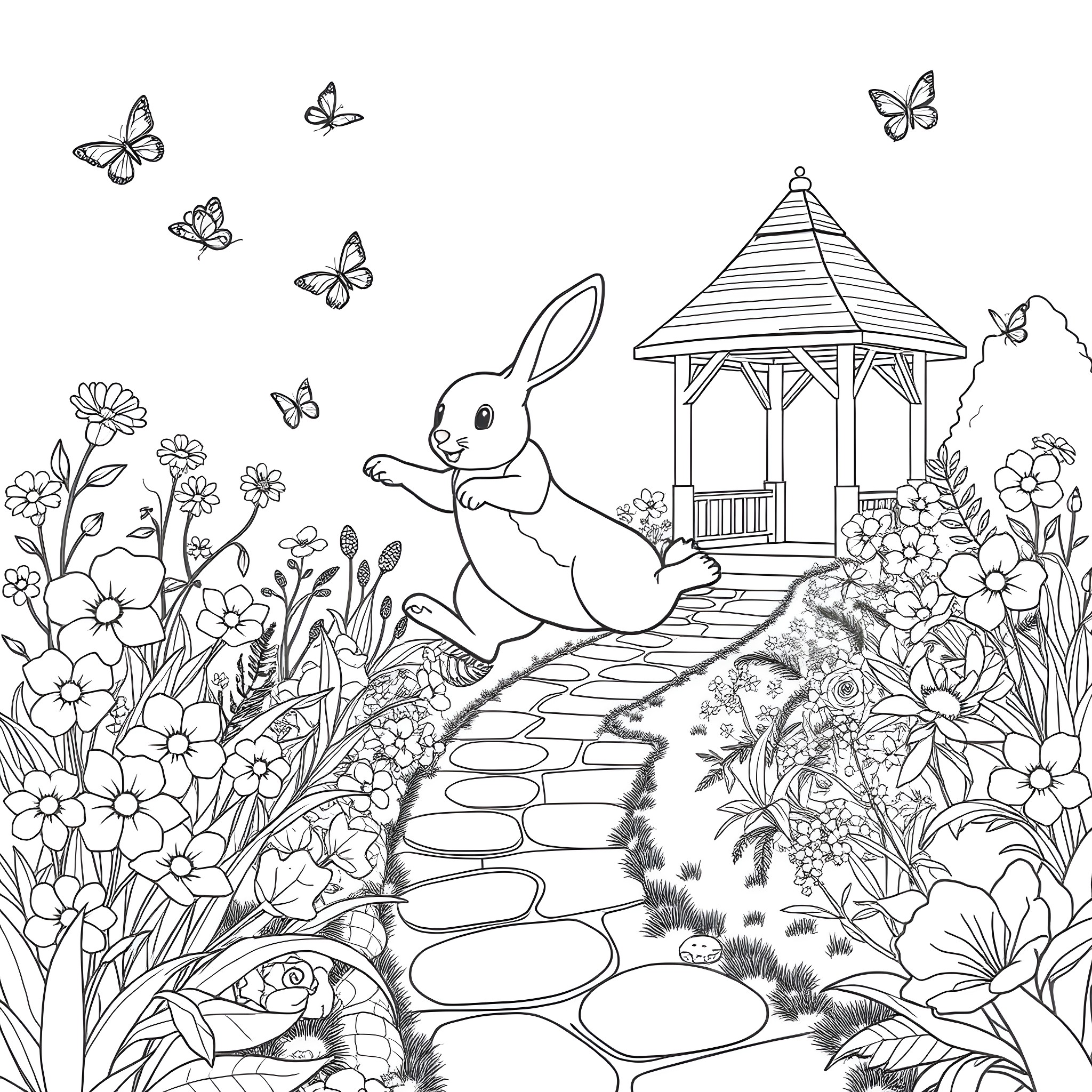Rabbit strolling through a whimsical floral garden Coloring Page (free black-and-white line drawing printable PDF for all, from beginners to advanced learners, including children, teens, adults, and seniors)