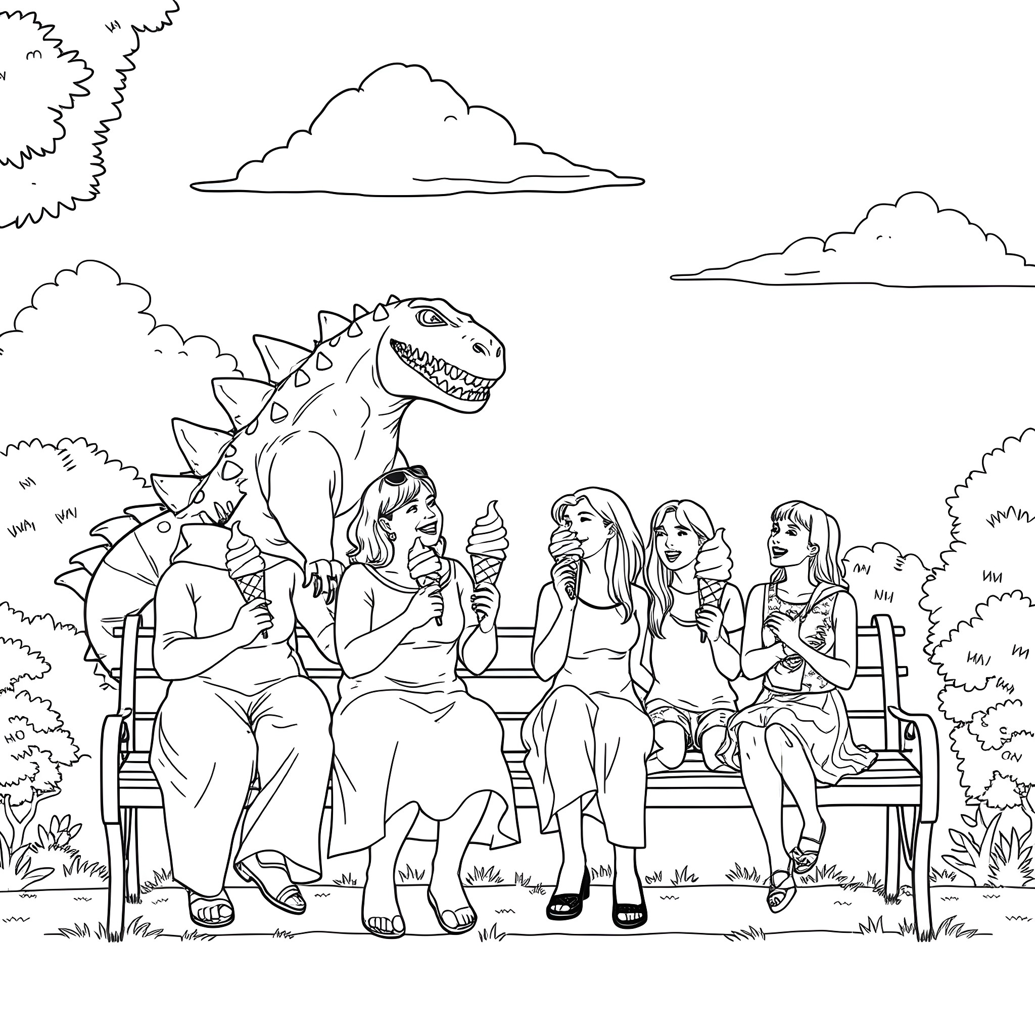 Godzilla shares a picnic with friends Coloring Page (free black-and-white line drawing printable PDF for all, from beginners to advanced learners, including children, teens, adults, and seniors)