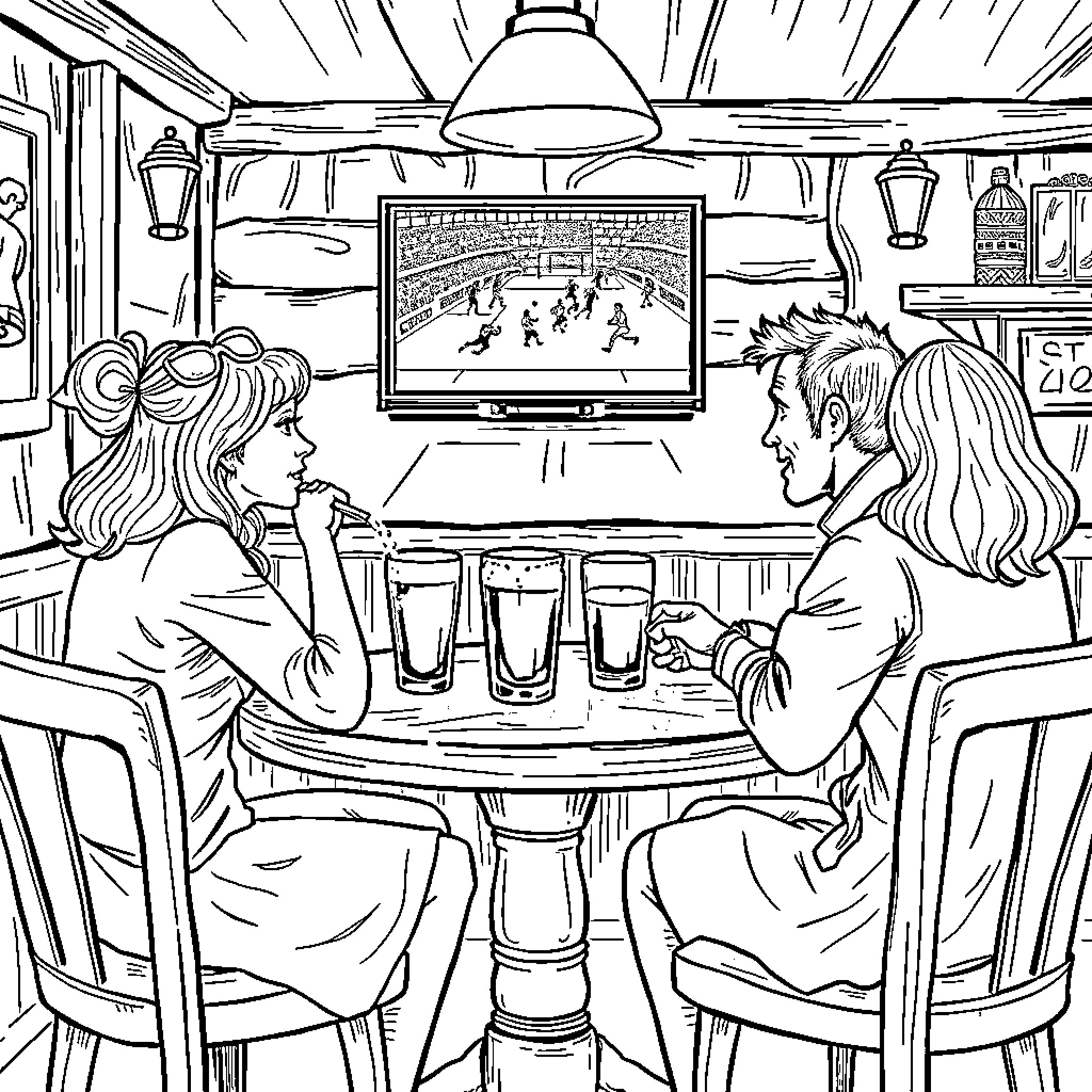 Woman enjoying drinks with friend while watching TV Coloring Page (free black-and-white line drawing printable PDF for all, from beginners to advanced learners, including children, teens, adults, and seniors)