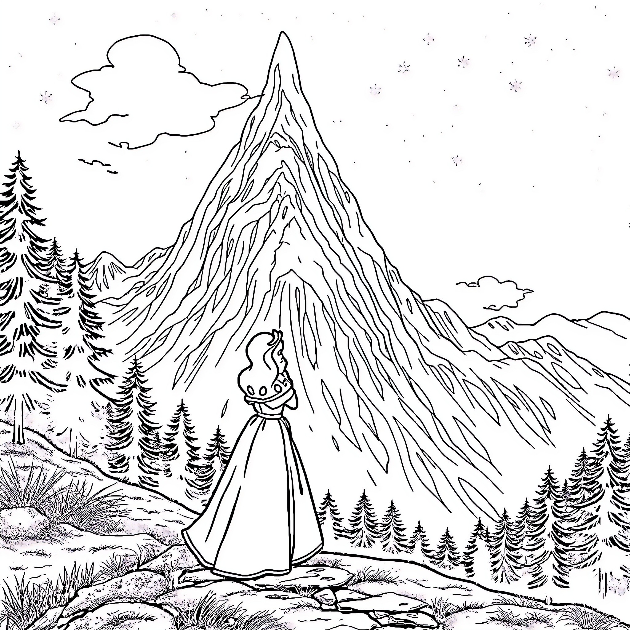 Snow White exploring the enchanting winter landscape Coloring Page (free black-and-white line drawing printable PDF for all, from beginners to advanced learners, including children, teens, adults, and seniors)