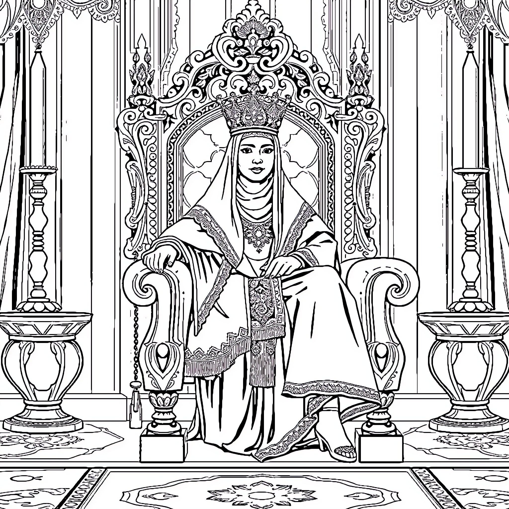 Asis: Regal Empress on Ornate Throne Coloring Page (free black-and-white line drawing printable PDF for all, from beginners to advanced learners, including children, teens, adults, and seniors)