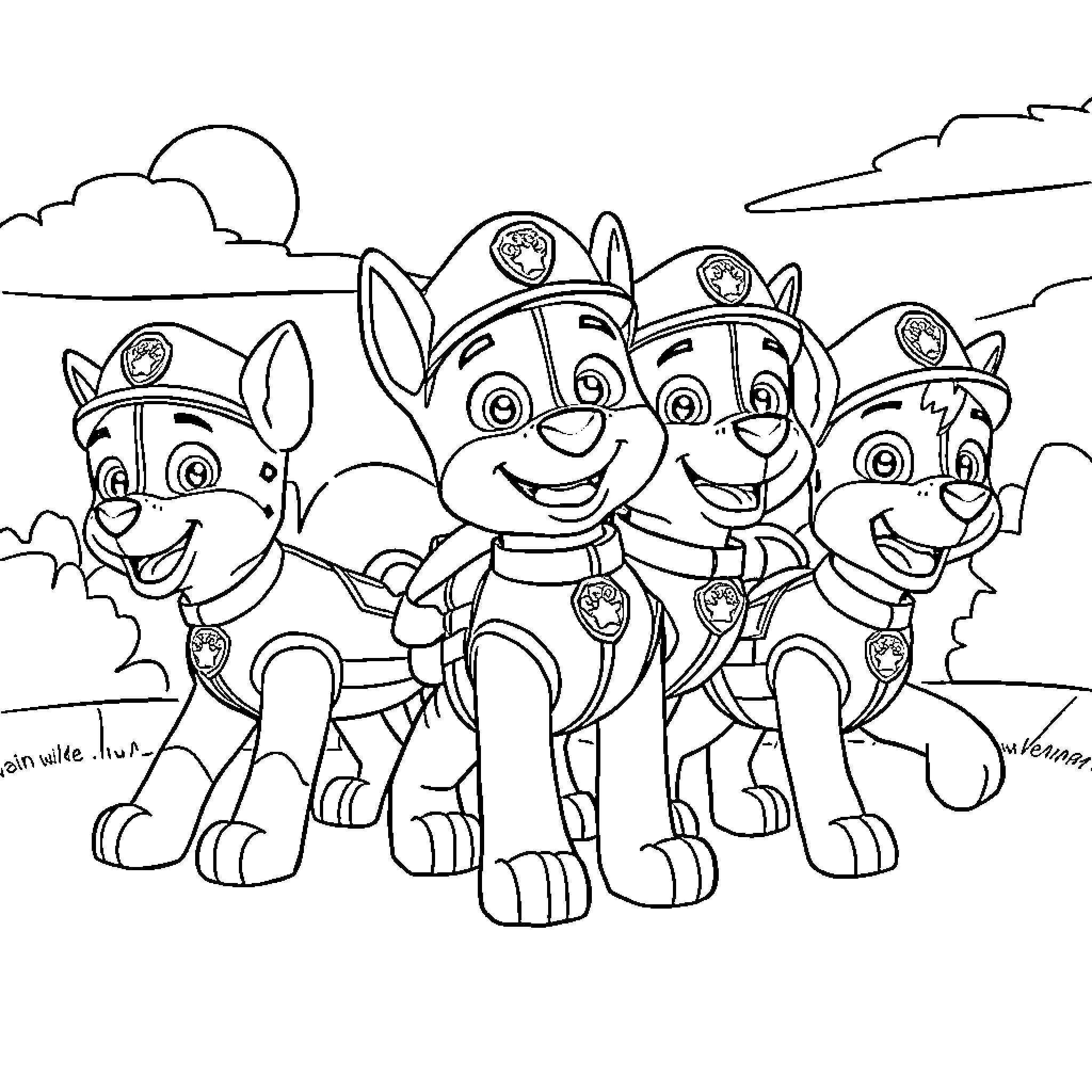 Paw Patrol puppies playing together happily Coloring Page (free black-and-white line drawing printable PDF for all, from beginners to advanced learners, including children, teens, adults, and seniors)