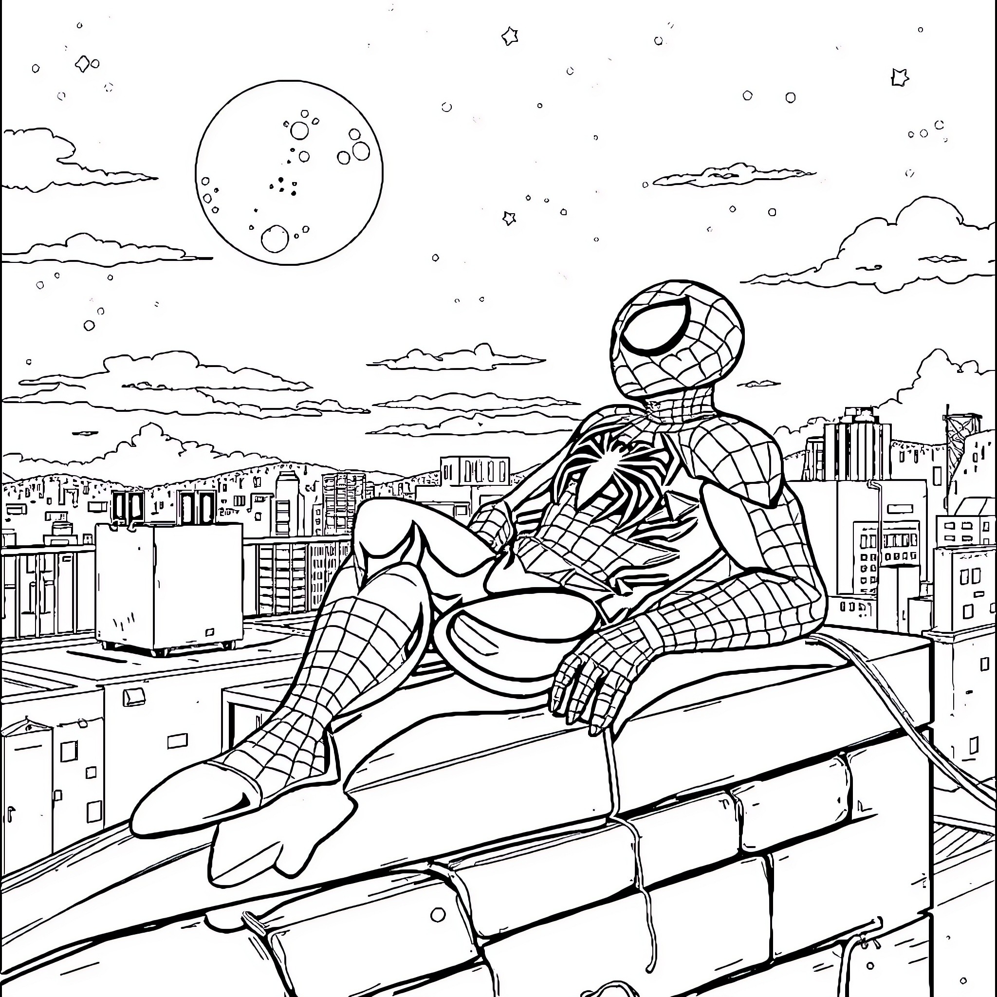 Spiderman in action on a city rooftop Coloring Page (free black-and-white line drawing printable PDF for all, from beginners to advanced learners, including children, teens, adults, and seniors)