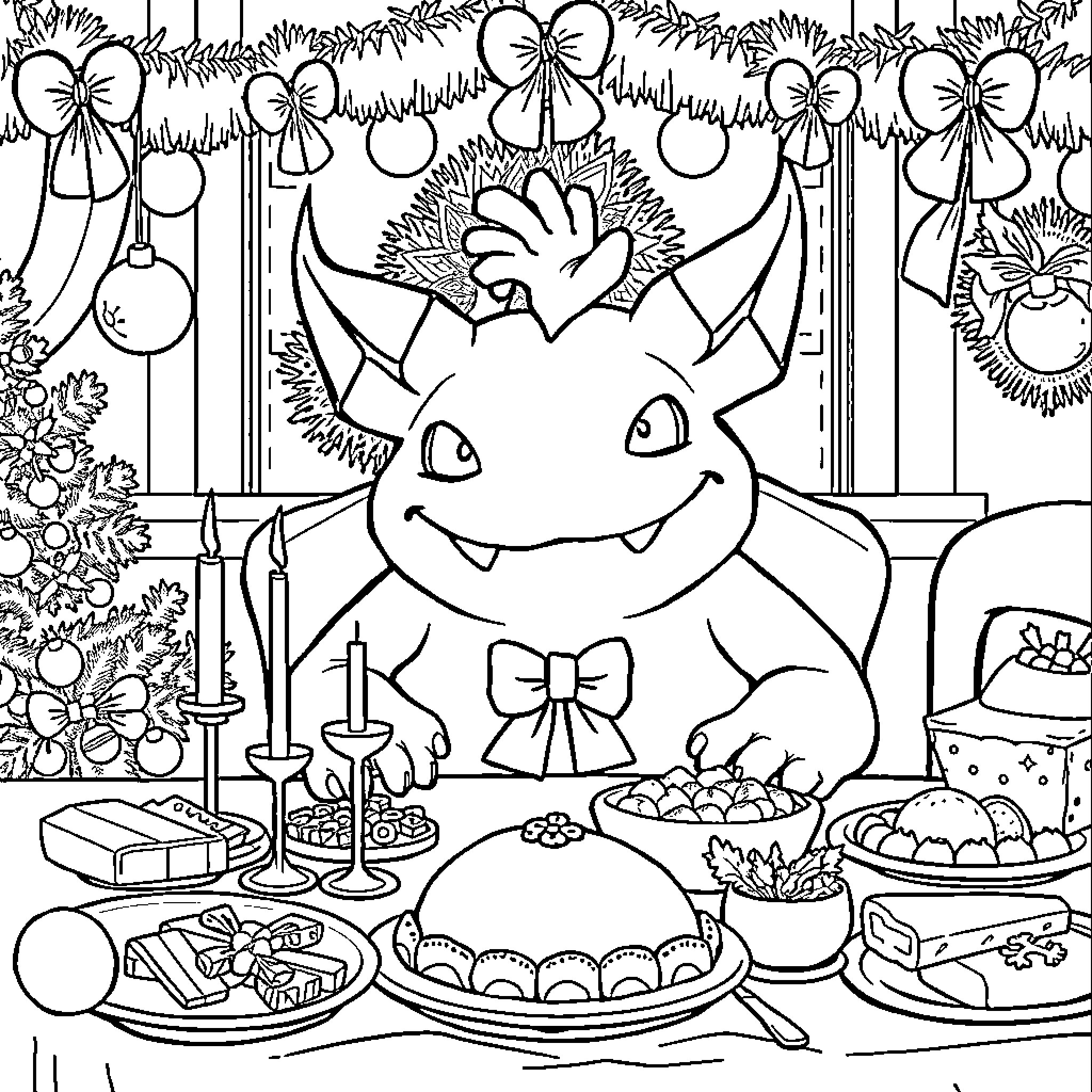 Gengar enjoying a festive holiday feast Coloring Page (free black-and-white line drawing printable PDF for all, from beginners to advanced learners, including children, teens, adults, and seniors)