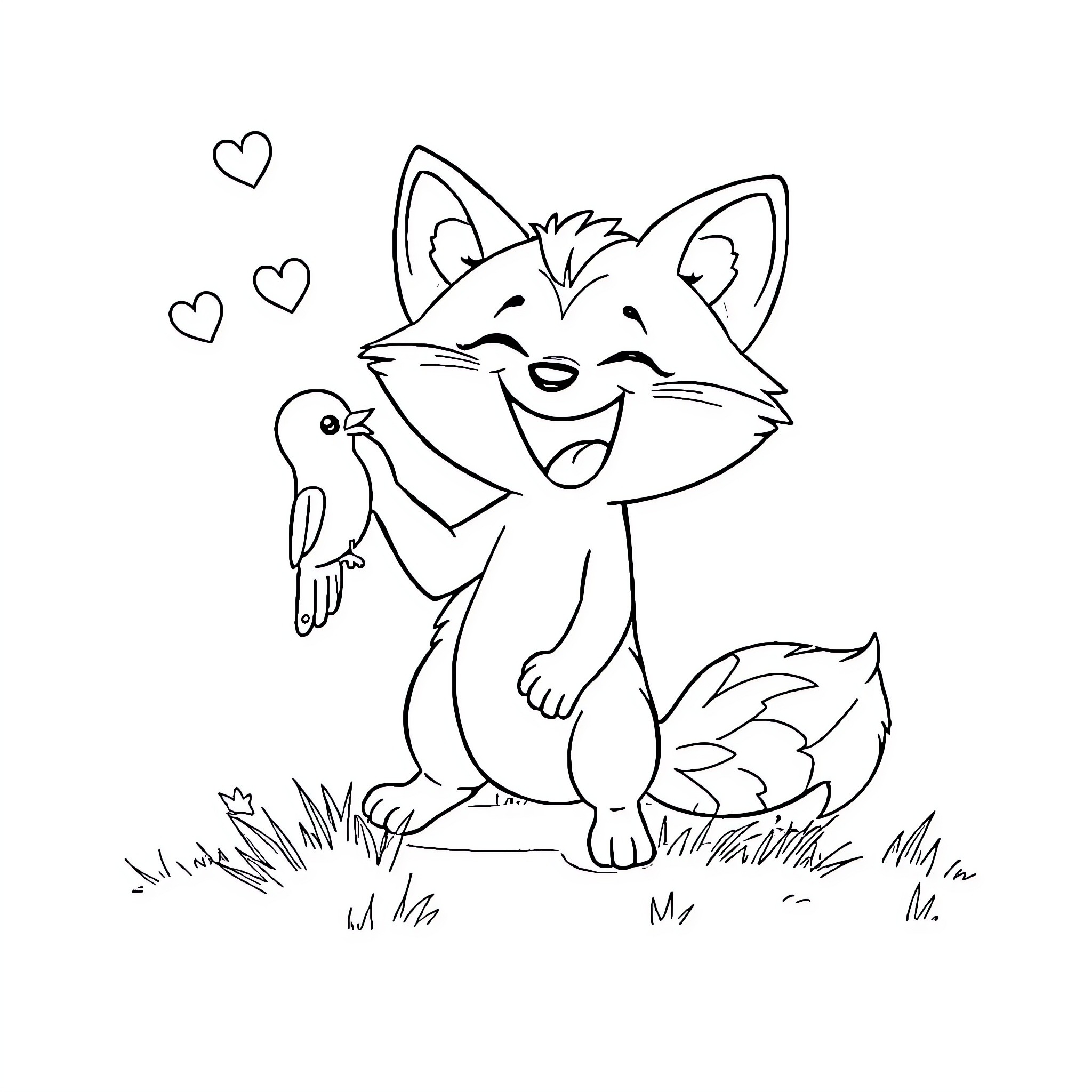 Fox delighted by a friendly bird Coloring Page (free black-and-white line drawing printable PDF for all, from beginners to advanced learners, including children, teens, adults, and seniors)