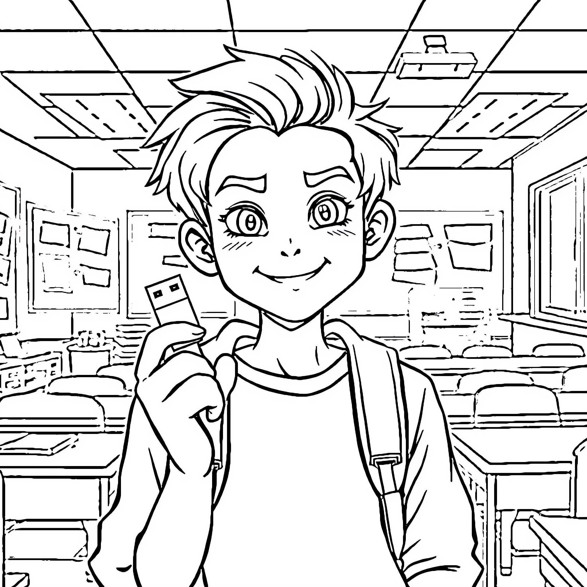 Teenager smiling happily in the classroom Coloring Page (free black-and-white line drawing printable PDF for all, from beginners to advanced learners, including children, teens, adults, and seniors)
