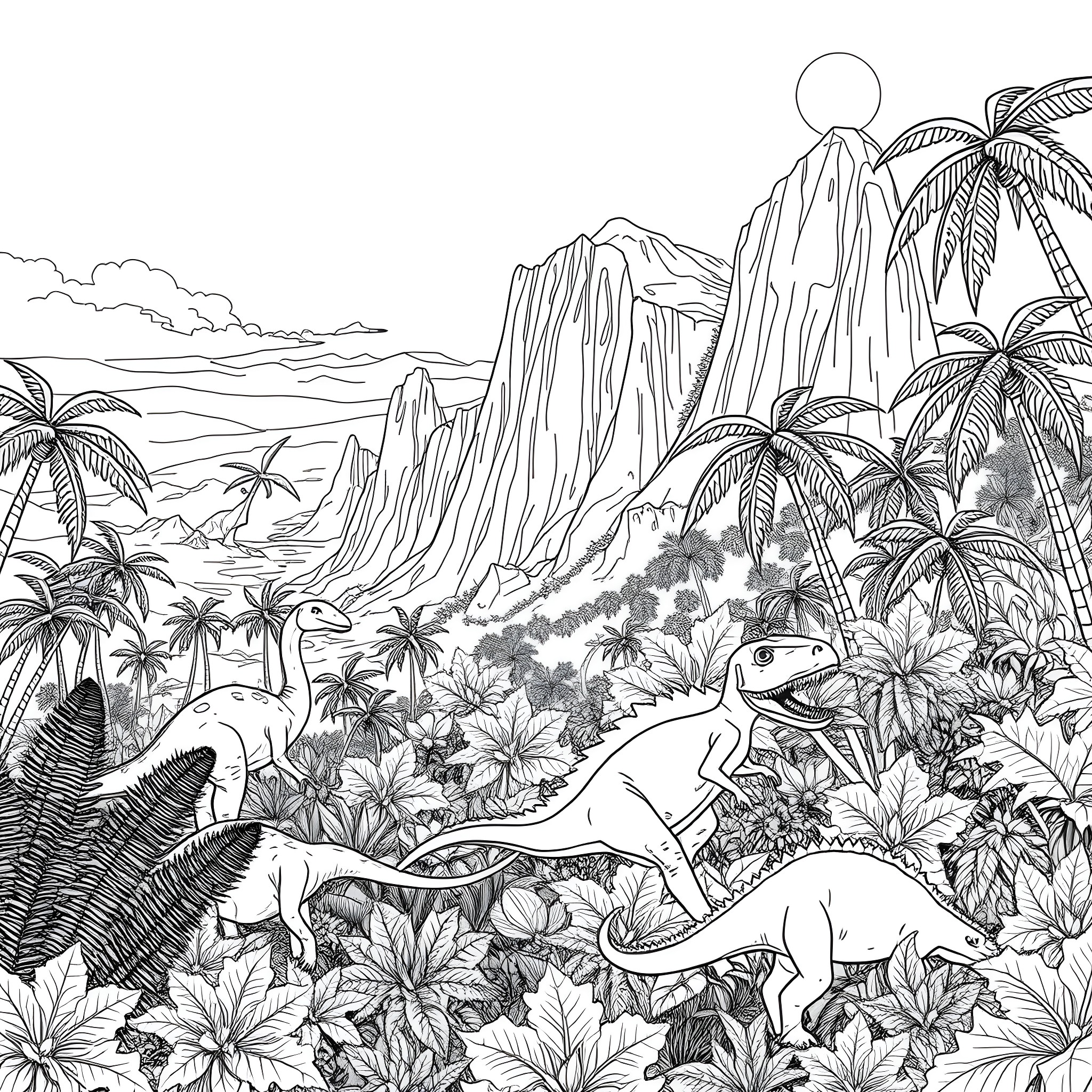 Dinosaurs roaming through lush prehistoric landscape Coloring Page (free black-and-white line drawing printable PDF for all, from beginners to advanced learners, including children, teens, adults, and seniors)