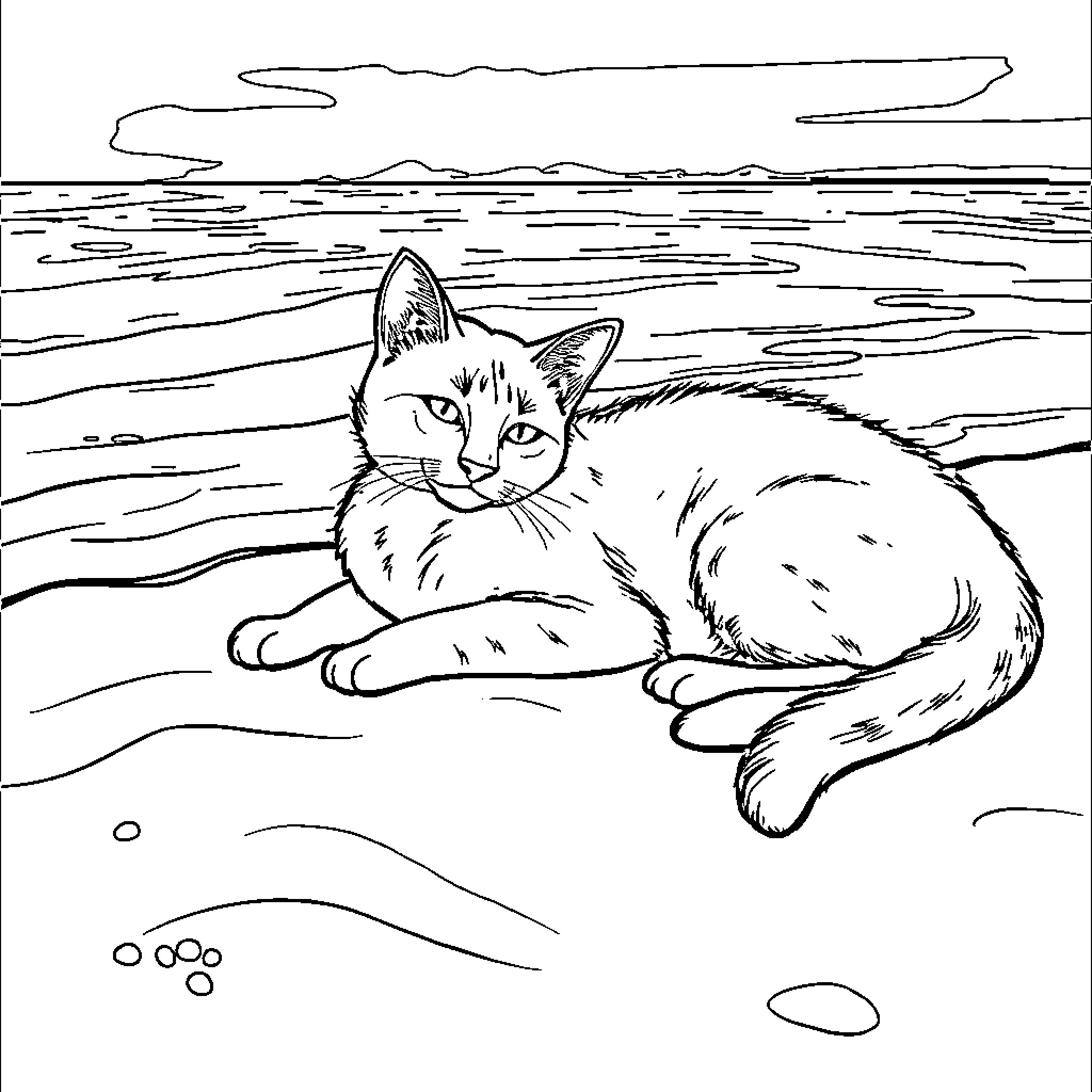 Mermaid Cat relaxing on the beach Coloring Page (free black-and-white line drawing printable PDF for all, from beginners to advanced learners, including children, teens, adults, and seniors)