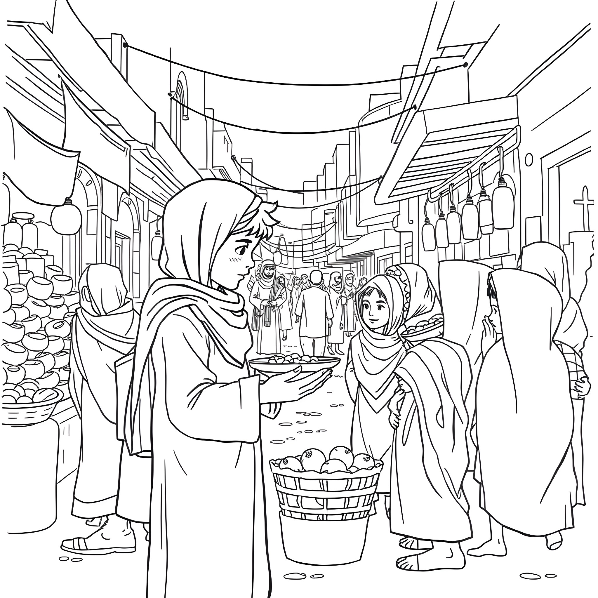 Boy exploring a bustling Middle Eastern marketplace Coloring Page (free black-and-white line drawing printable PDF for all, from beginners to advanced learners, including children, teens, adults, and seniors)