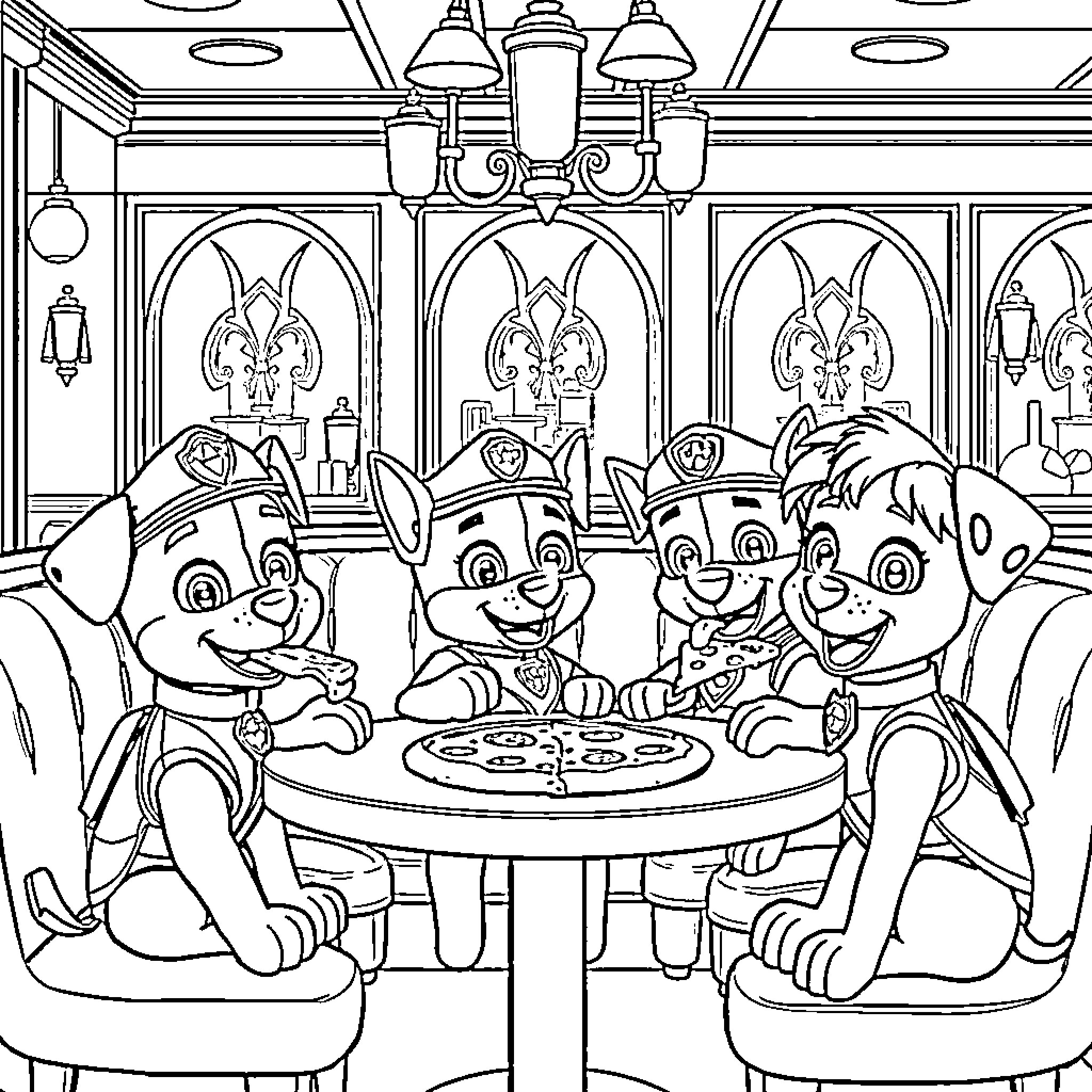 Paw Patrol Pups Enjoying Pizza Party in Fancy Dining Room Coloring Page (free black-and-white line drawing printable PDF for all, from beginners to advanced learners, including children, teens, adults, and seniors)
