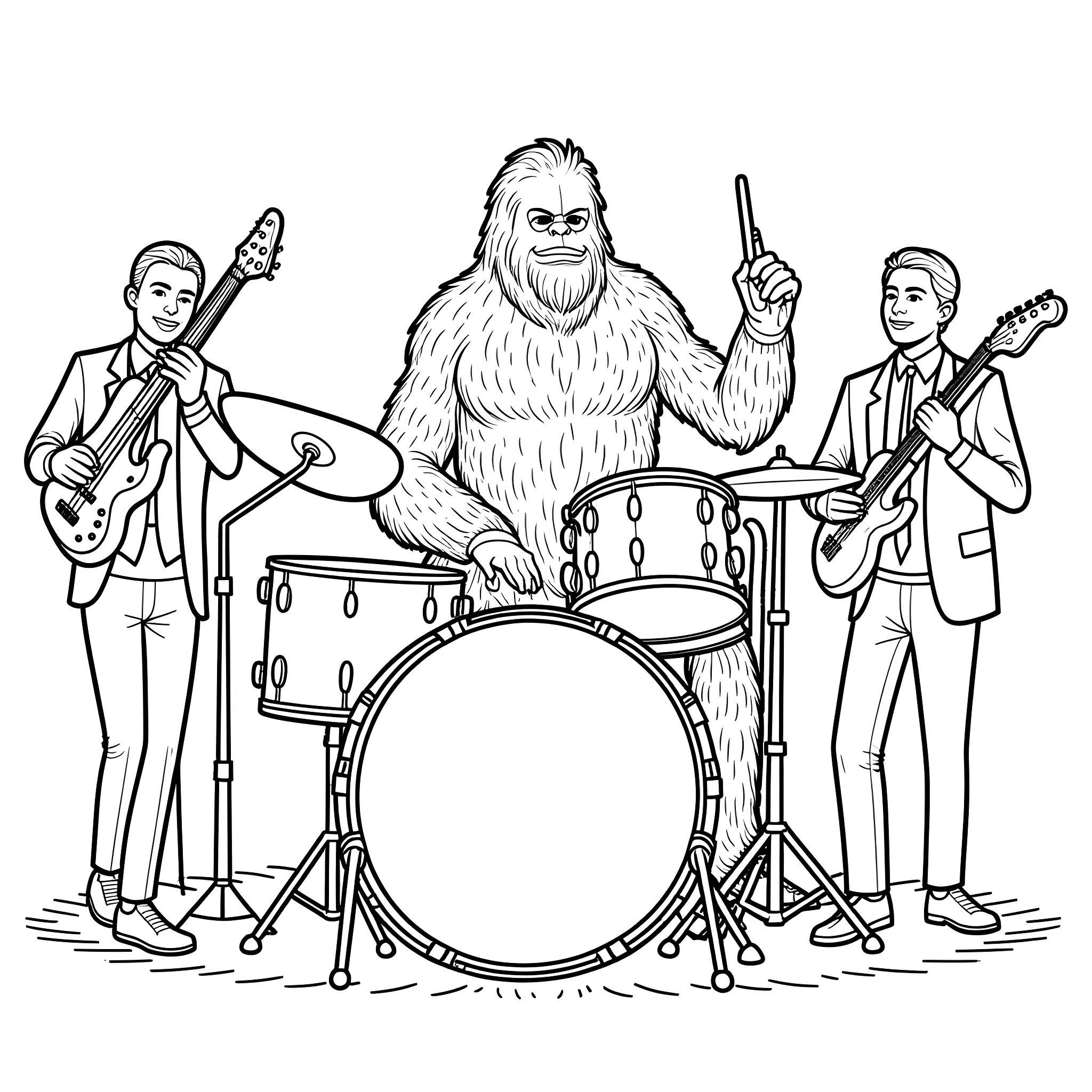 Bigfoot playing music with a band Coloring Page (free black-and-white line drawing printable PDF for all, from beginners to advanced learners, including children, teens, adults, and seniors)