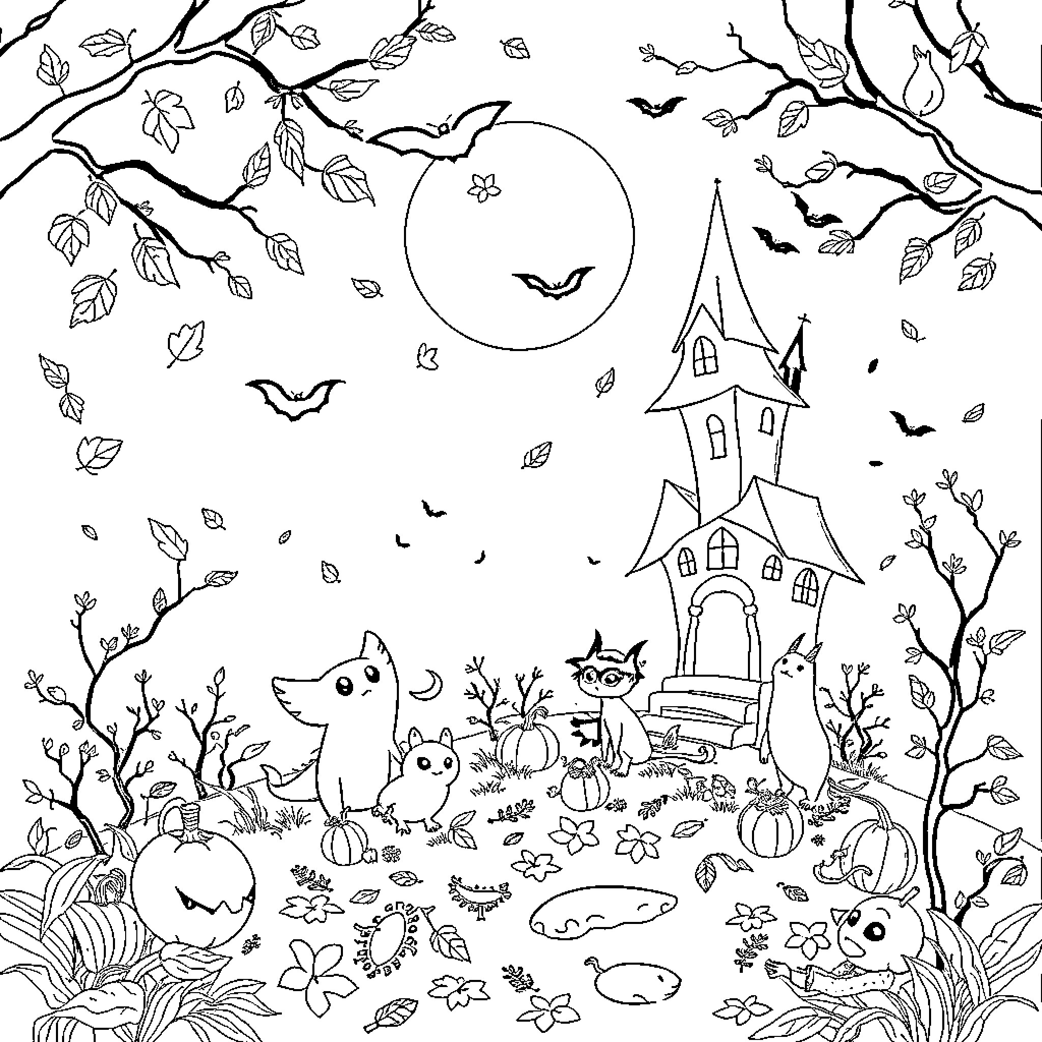 Studio Ghibli creatures explore an autumnal landscape Coloring Page (free black-and-white line drawing printable PDF for all, from beginners to advanced learners, including children, teens, adults, and seniors)