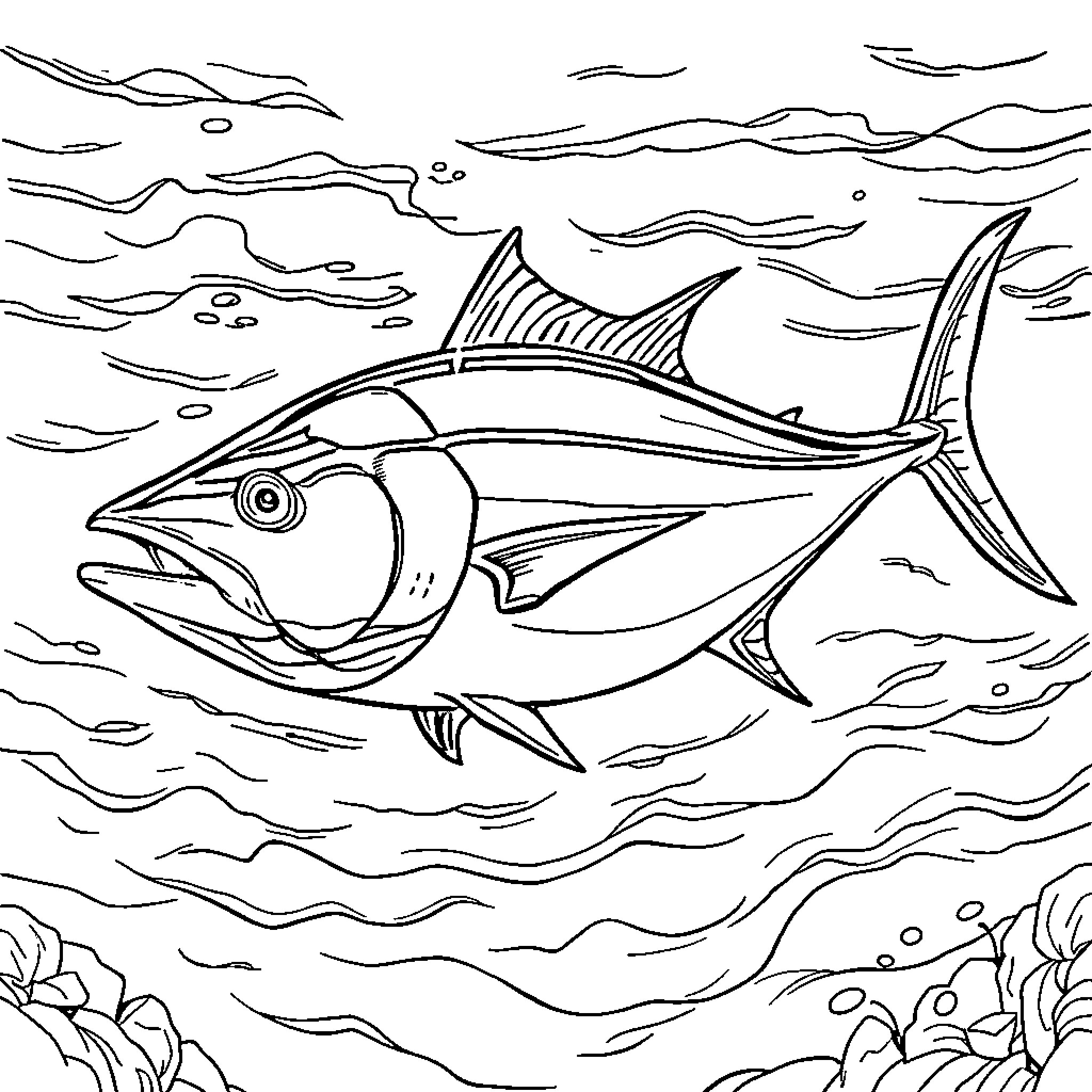 Bluefin Tuna swimming gracefully in the ocean Coloring Page (free black-and-white line drawing printable PDF for all, from beginners to advanced learners, including children, teens, adults, and seniors)