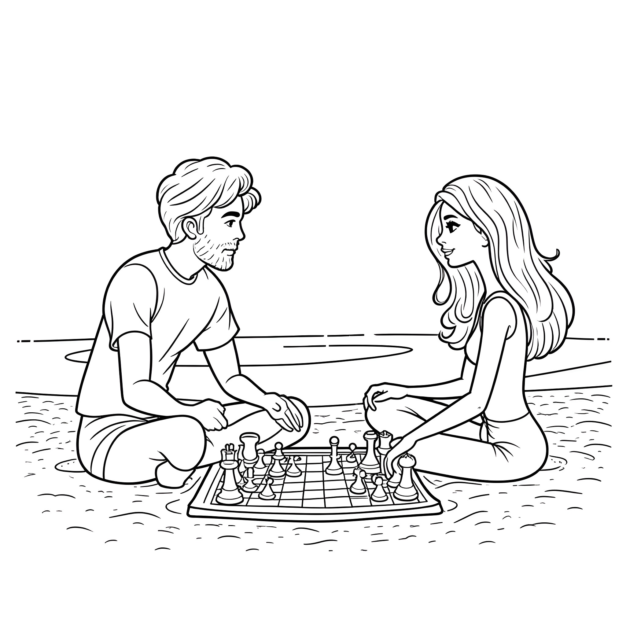 He-Man and Teela playing chess on the beach Coloring Page (free black-and-white line drawing printable PDF for all, from beginners to advanced learners, including children, teens, adults, and seniors)