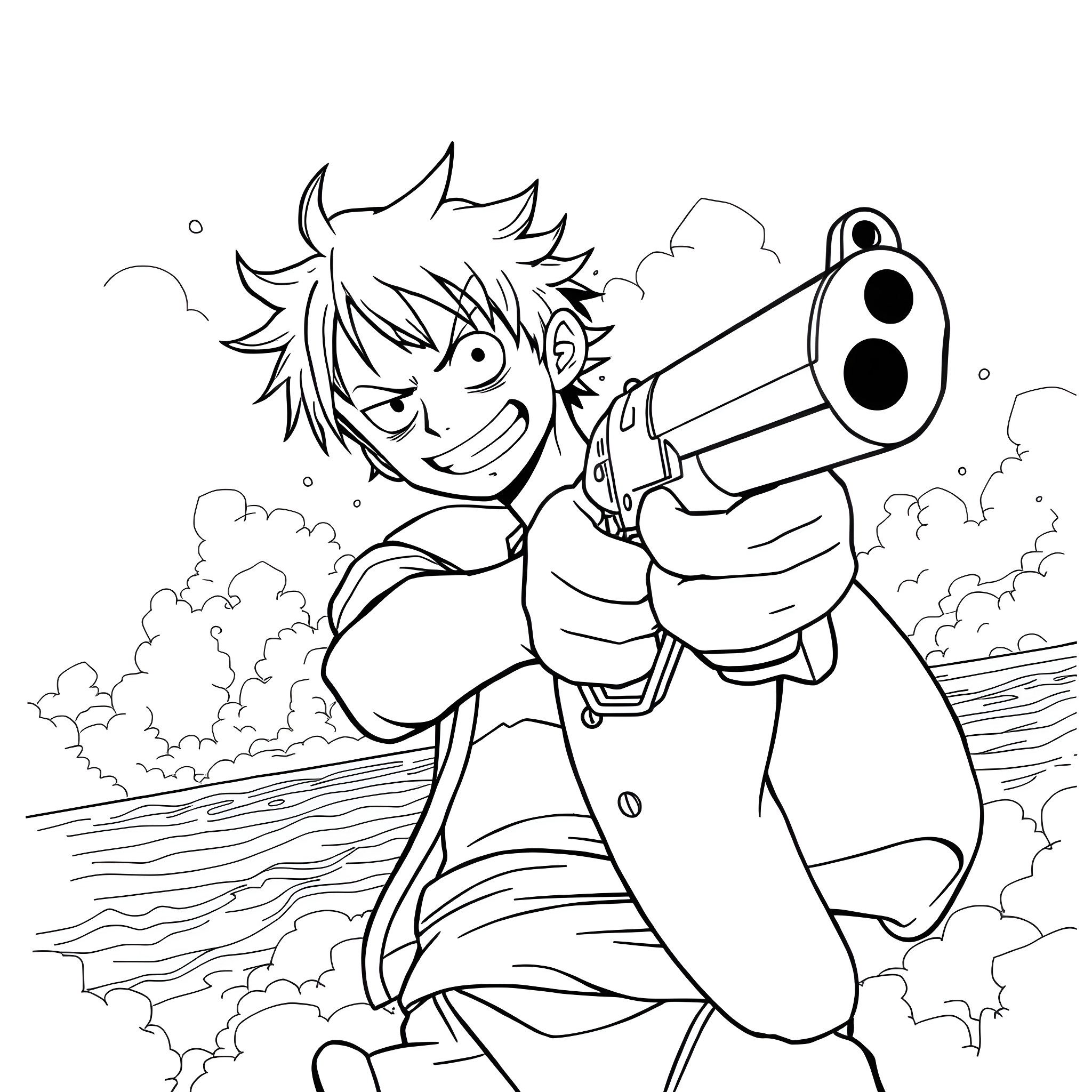 Luffy Wielding His Signature Weapon in Action Coloring Page (free black-and-white line drawing printable PDF for all, from beginners to advanced learners, including children, teens, adults, and seniors)