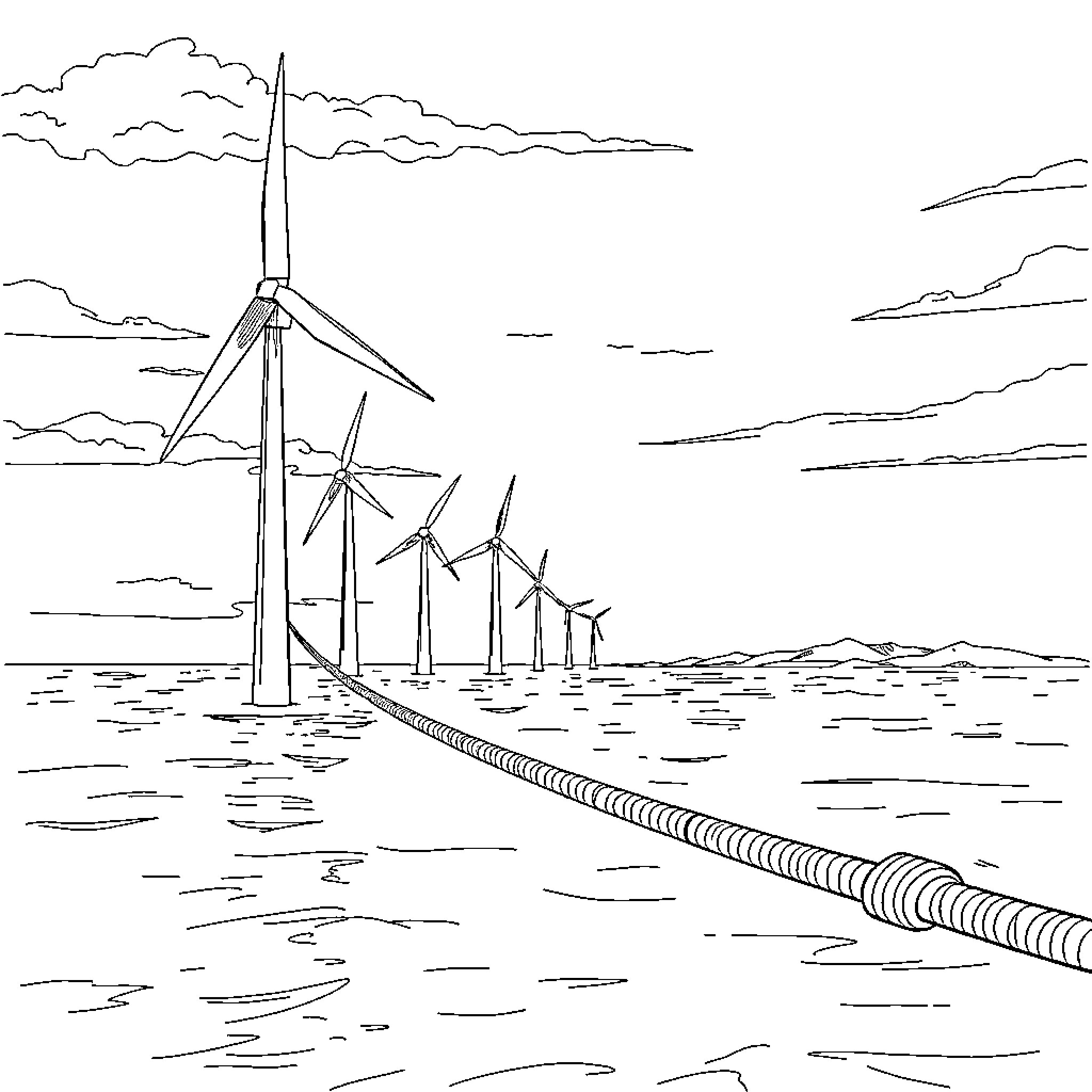 Wind Farm with Turbines in Offshore Ocean Coloring Page (free black-and-white line drawing printable PDF for all, from beginners to advanced learners, including children, teens, adults, and seniors)