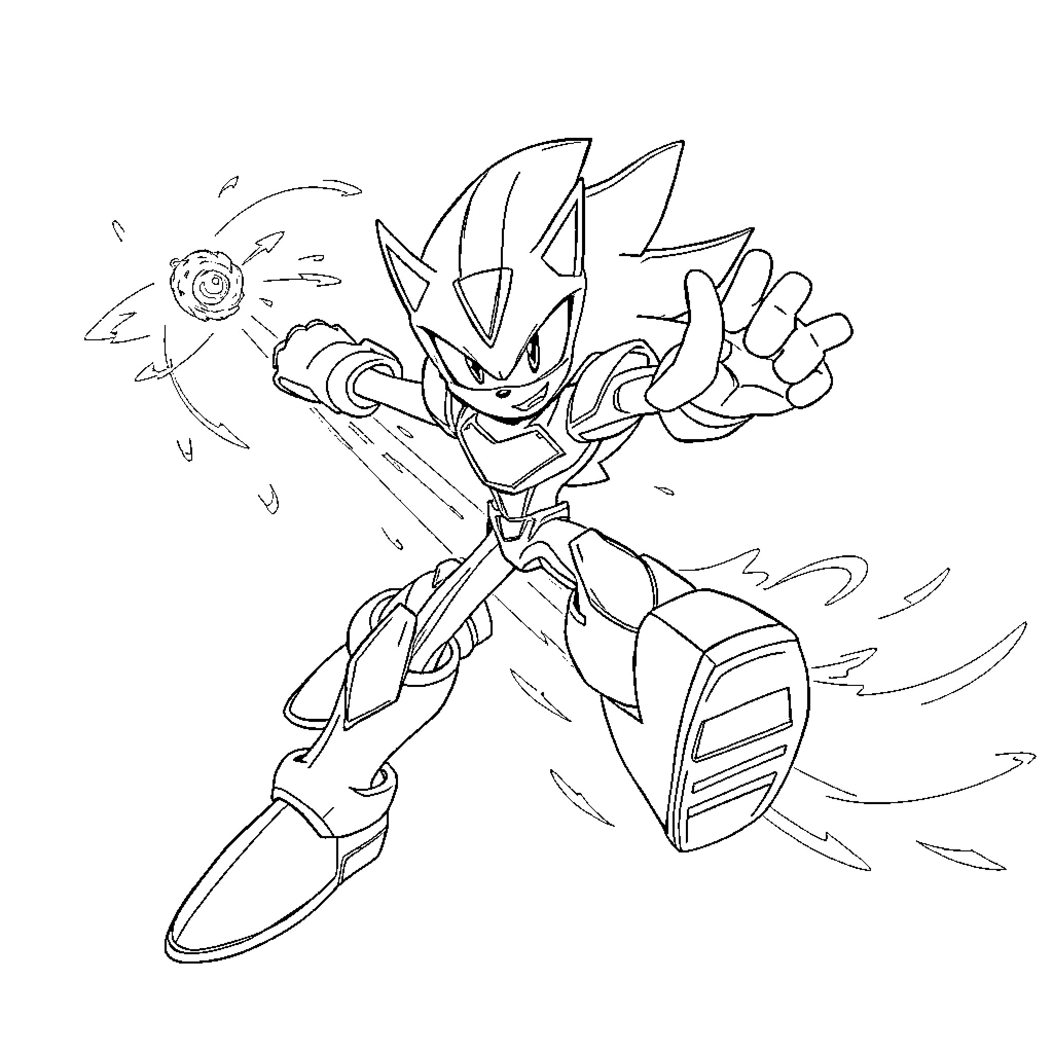 Sonic in dynamic action pose with weaponry Coloring Page (free black-and-white line drawing printable PDF for all, from beginners to advanced learners, including children, teens, adults, and seniors)