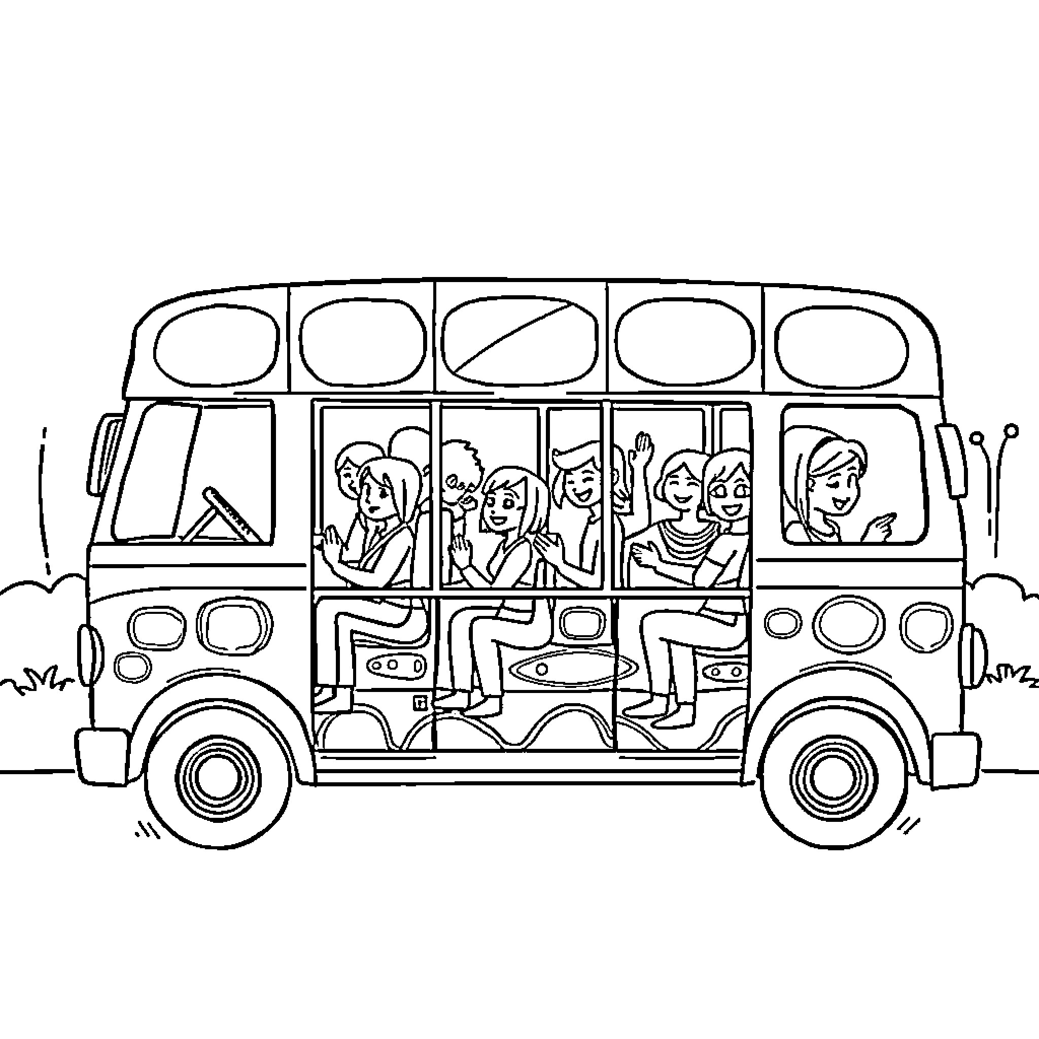 Bus Carrying Passengers with Varied Expressions Coloring Page (free black-and-white line drawing printable PDF for all, from beginners to advanced learners, including children, teens, adults, and seniors)