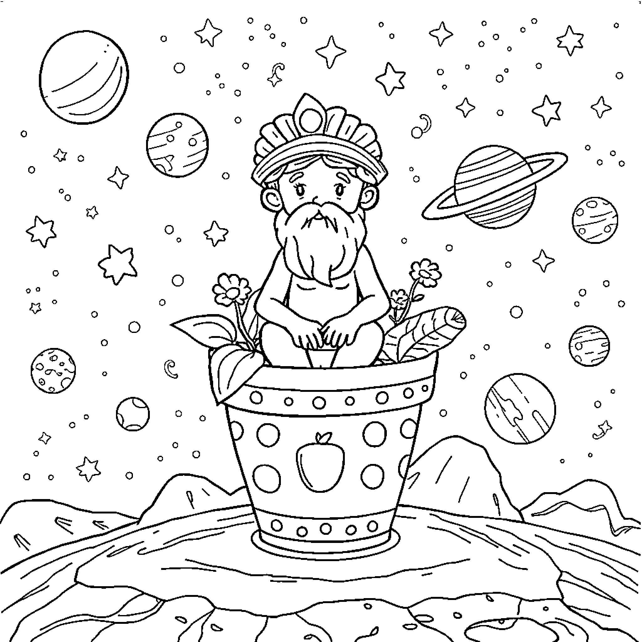 Aistophanes in Celestial Garden with Otherworldly Companions Coloring Page (free black-and-white line drawing printable PDF for all, from beginners to advanced learners, including children, teens, adults, and seniors)