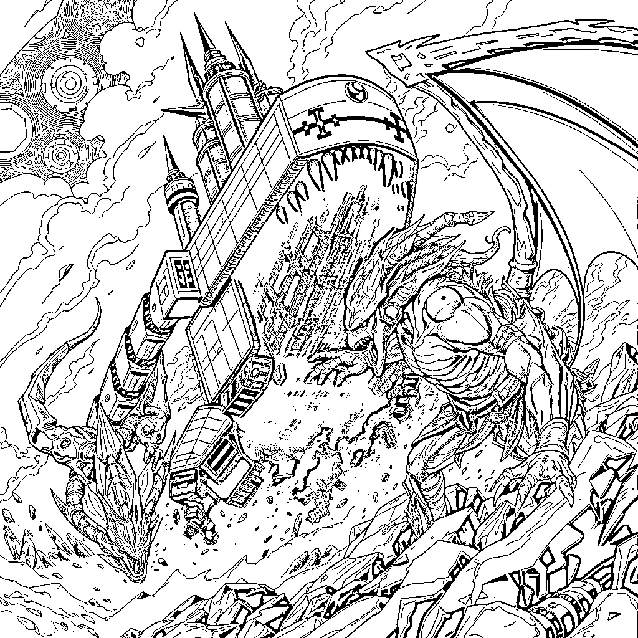 Dreadnought Ship Attacking Alien City in Chaos Coloring Page (free black-and-white line drawing printable PDF for all, from beginners to advanced learners, including children, teens, adults, and seniors)