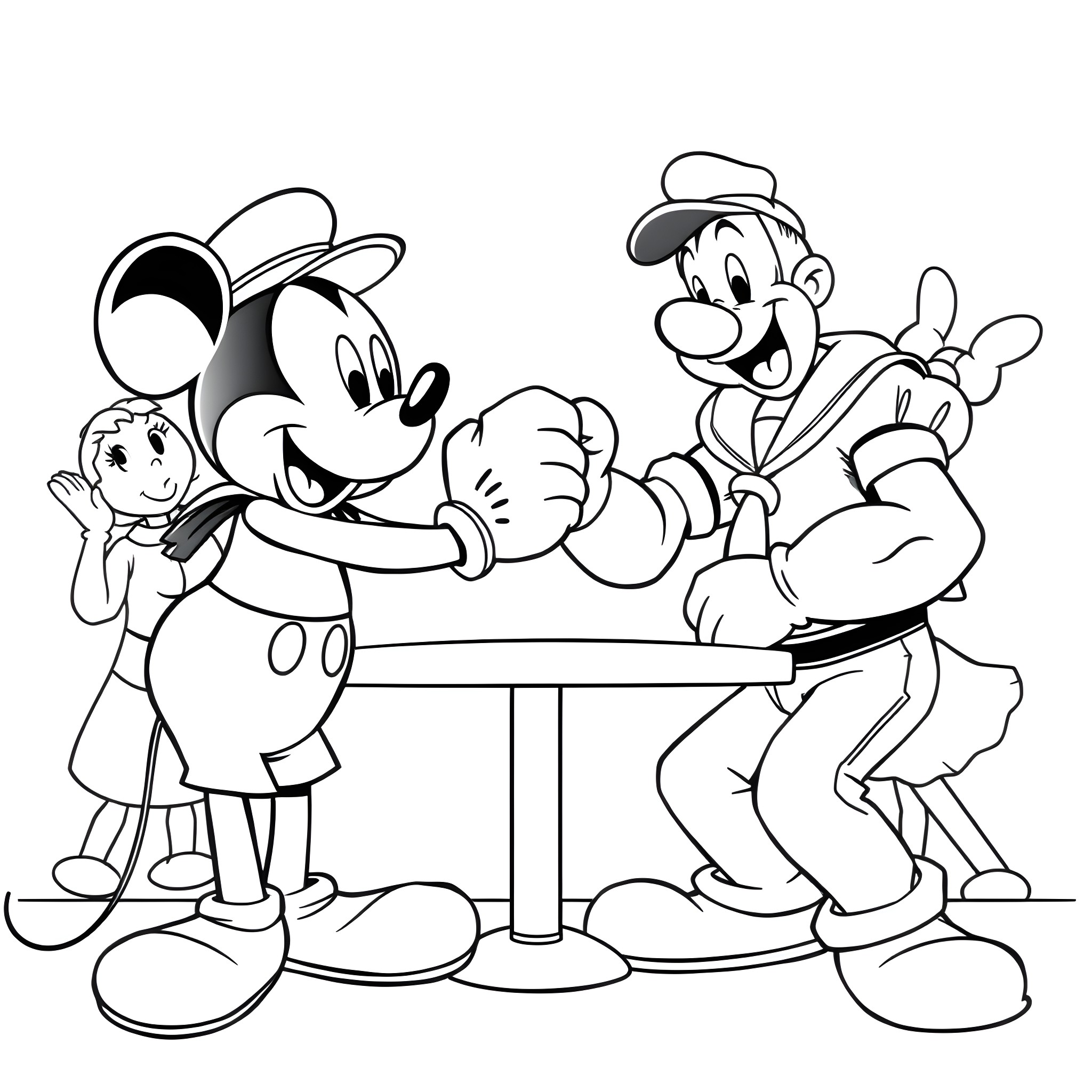 Mickey Mouse and Friends Playfully Interacting Coloring Page (free black-and-white line drawing printable PDF for all, from beginners to advanced learners, including children, teens, adults, and seniors)