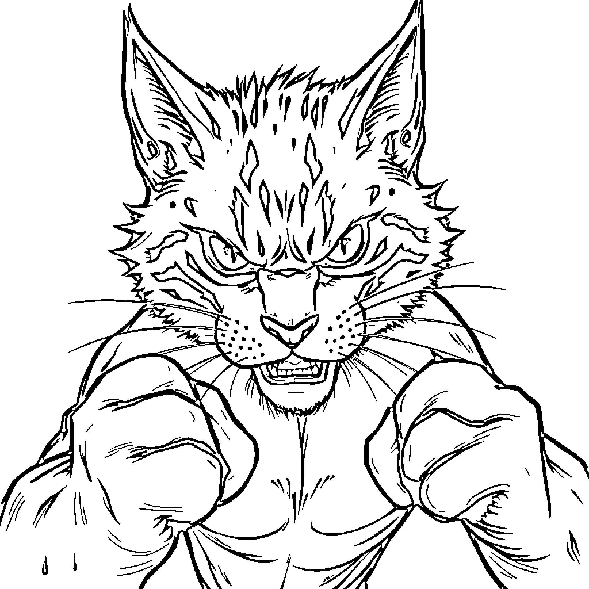 Cat with Intense Facial Expression Coloring Page (free black-and-white line drawing printable PDF for all, from beginners to advanced learners, including children, teens, adults, and seniors)