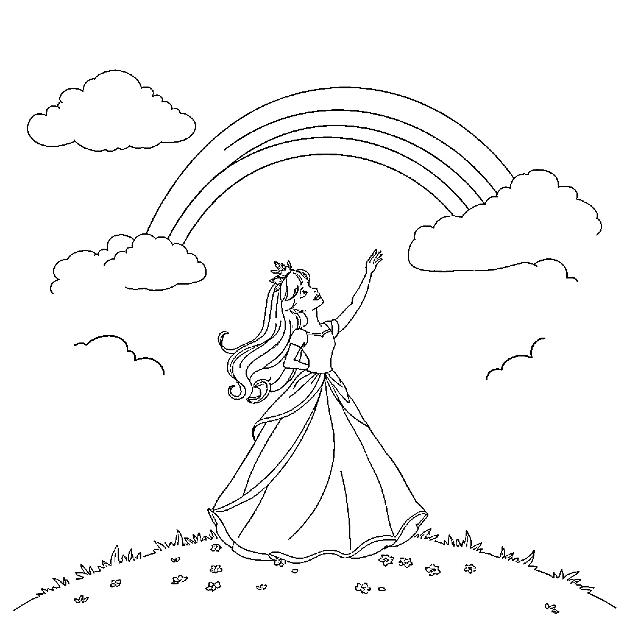 Princess dancing joyfully in a field under a rainbow Coloring Page (free black-and-white line drawing printable PDF for all, from beginners to advanced learners, including children, teens, adults, and seniors)