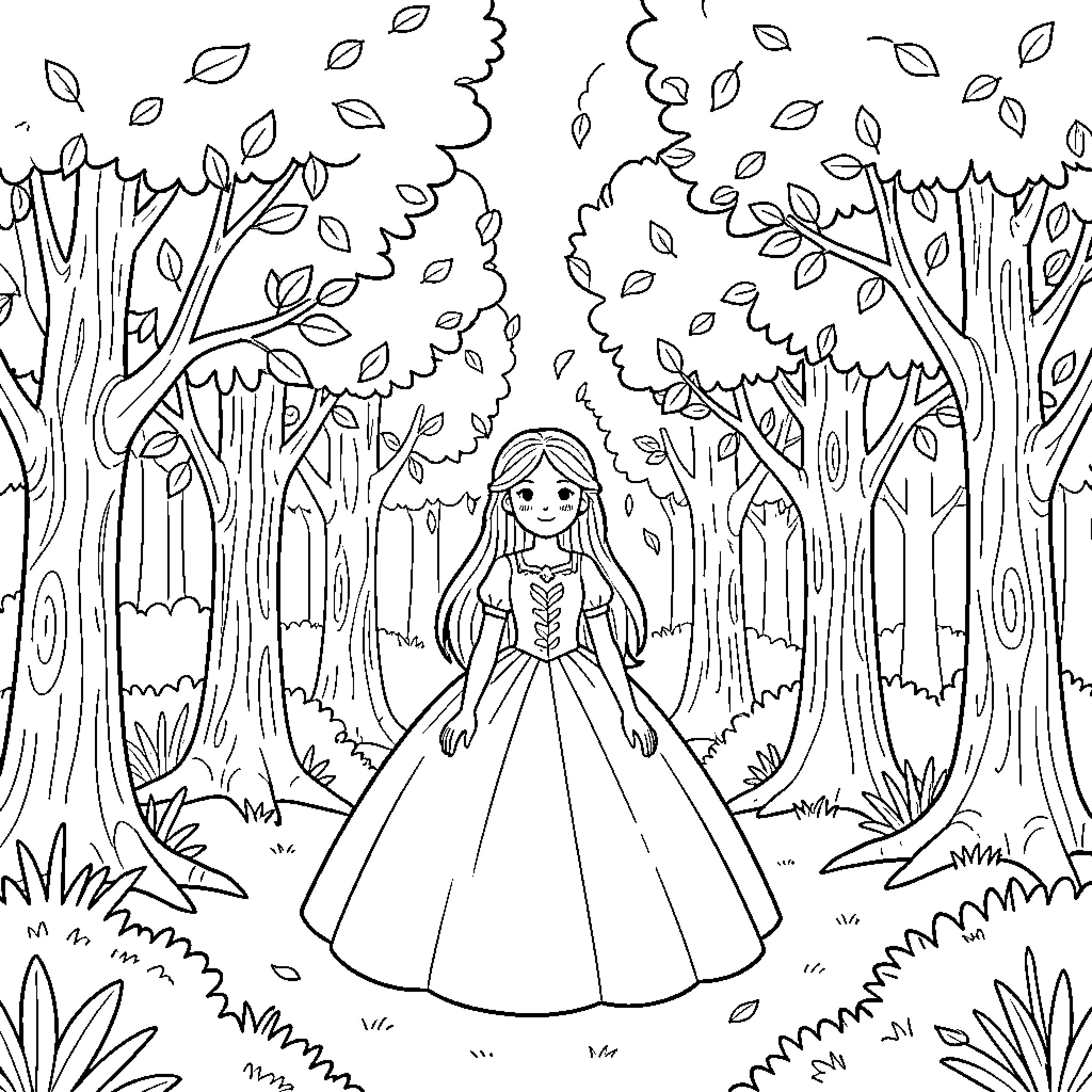 Princess standing gracefully in a lush forest Coloring Page (free black-and-white line drawing printable PDF for all, from beginners to advanced learners, including children, teens, adults, and seniors)