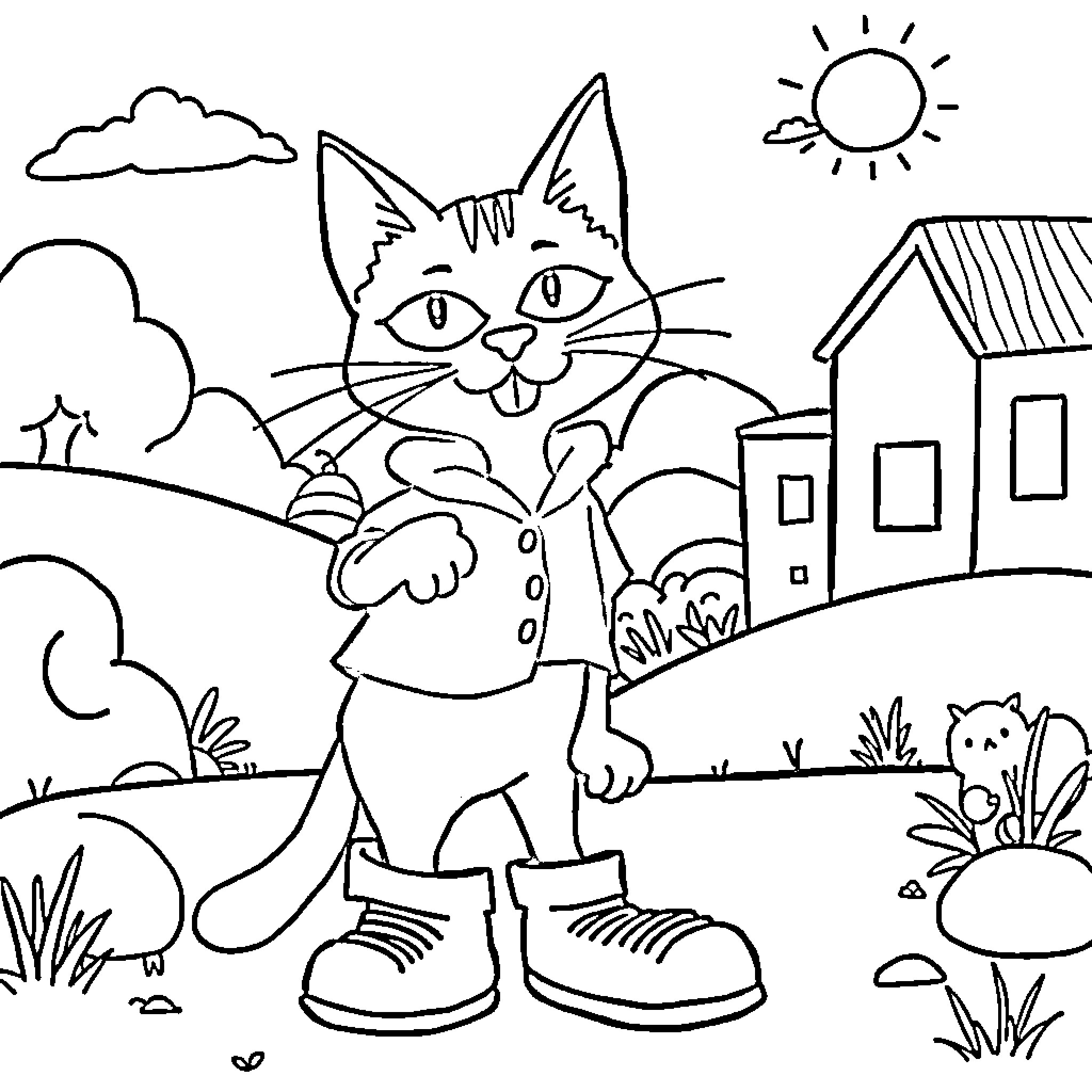 Pete the Cat explores the neighborhood Coloring Page (free black-and-white line drawing printable PDF for all, from beginners to advanced learners, including children, teens, adults, and seniors)