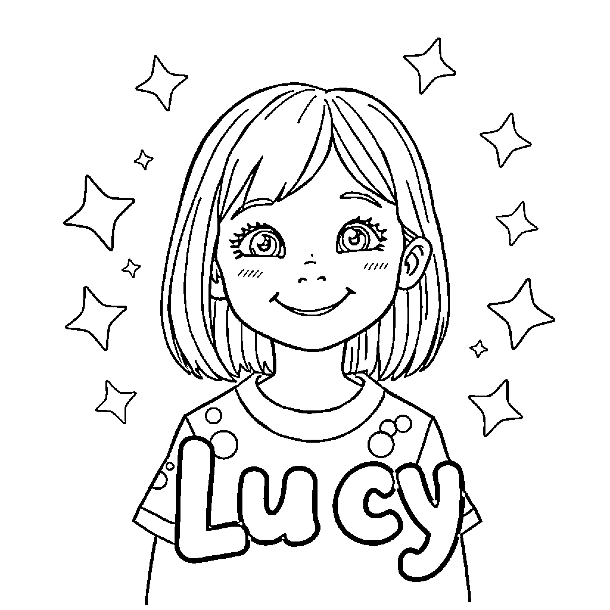 Lucy's Starry Delight Coloring Page (free black-and-white line drawing printable PDF for all, from beginners to advanced learners, including children, teens, adults, and seniors)