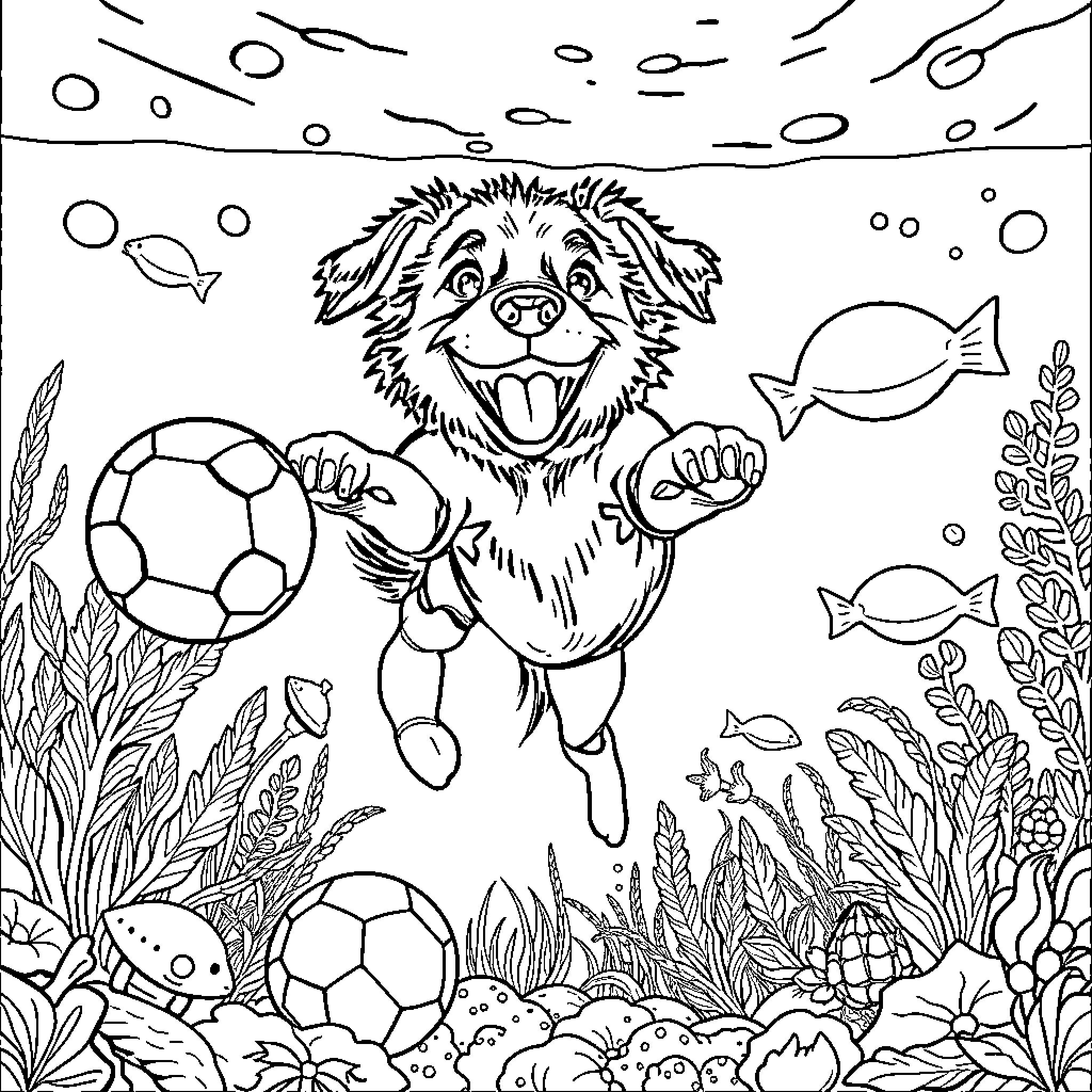 Dog playing with soccer balls in underwater scene Coloring Page (free black-and-white line drawing printable PDF for all, from beginners to advanced learners, including children, teens, adults, and seniors)