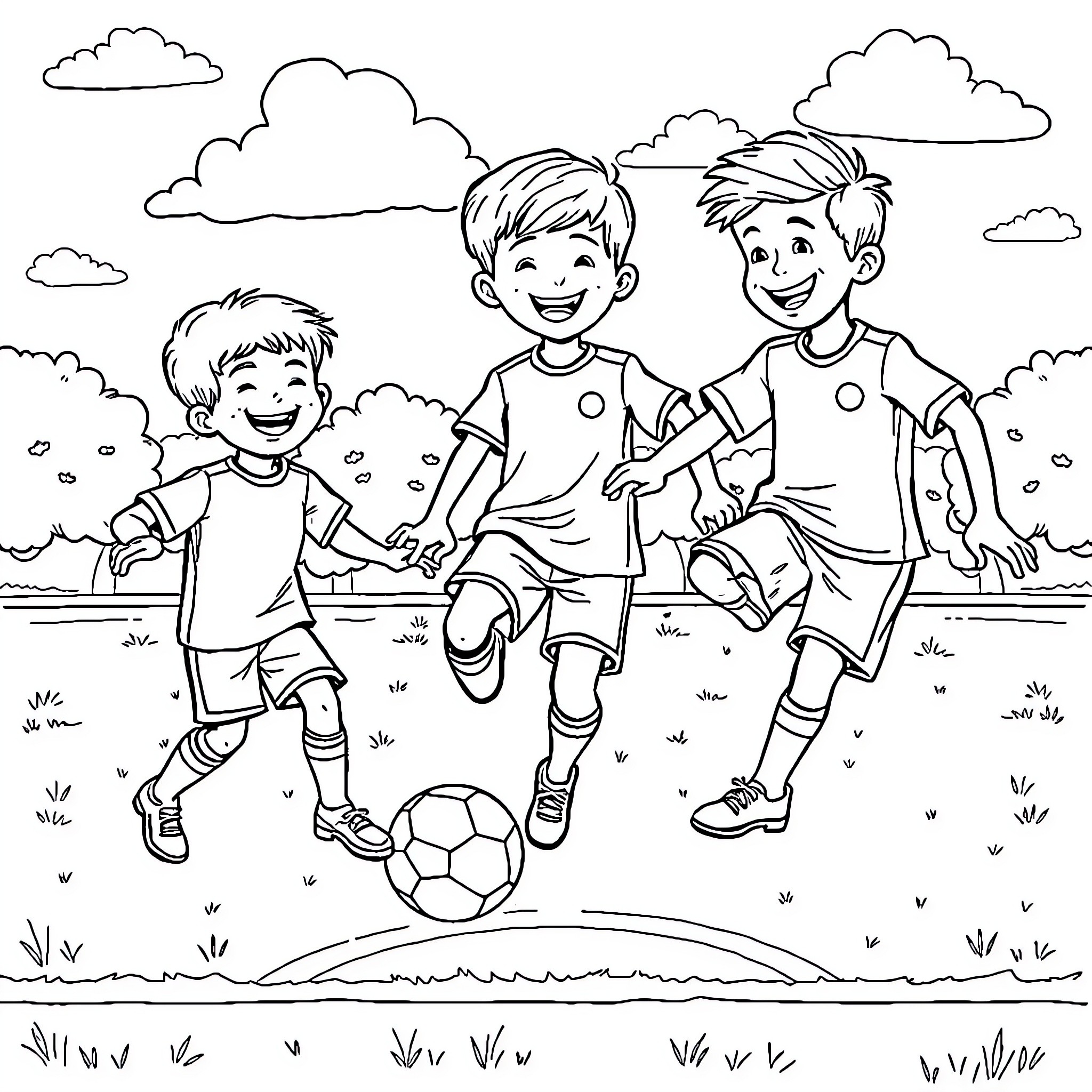 Football Players Enjoying a Game Outdoors Coloring Page (free black-and-white line drawing printable PDF for all, from beginners to advanced learners, including children, teens, adults, and seniors)