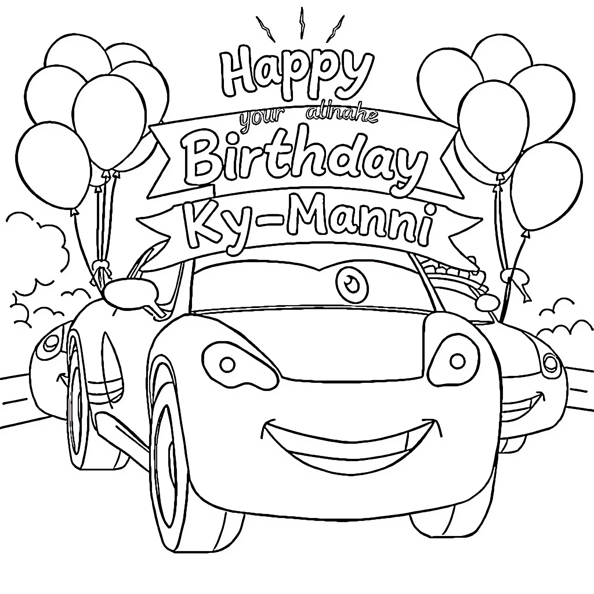 Car with balloons wishing Happy Birthday Ky-Manni Coloring Page (free black-and-white line drawing printable PDF for all, from beginners to advanced learners, including children, teens, adults, and seniors)