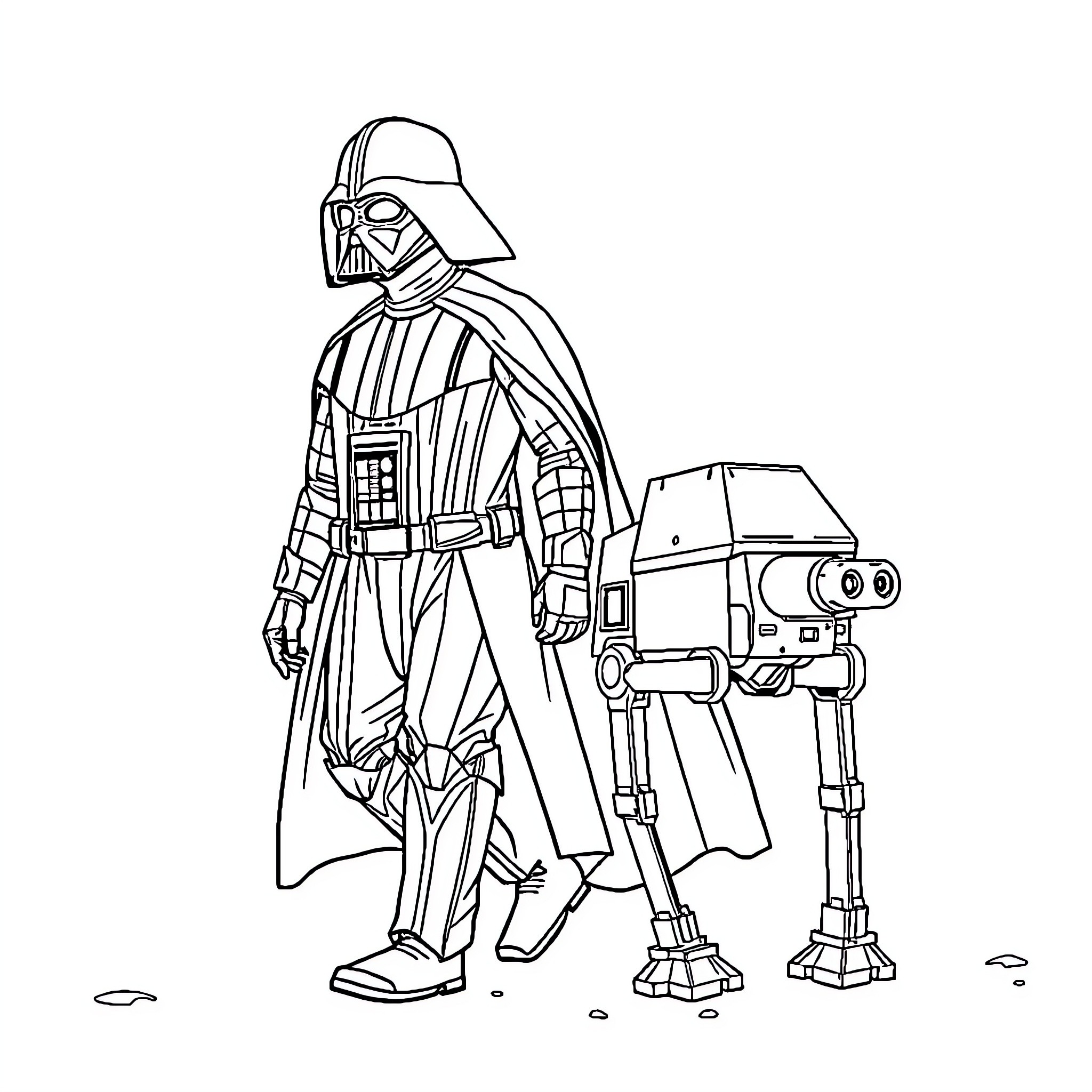 Vader's Menacing Presence with Imperial Droid Coloring Page (free black-and-white line drawing printable PDF for all, from beginners to advanced learners, including children, teens, adults, and seniors)