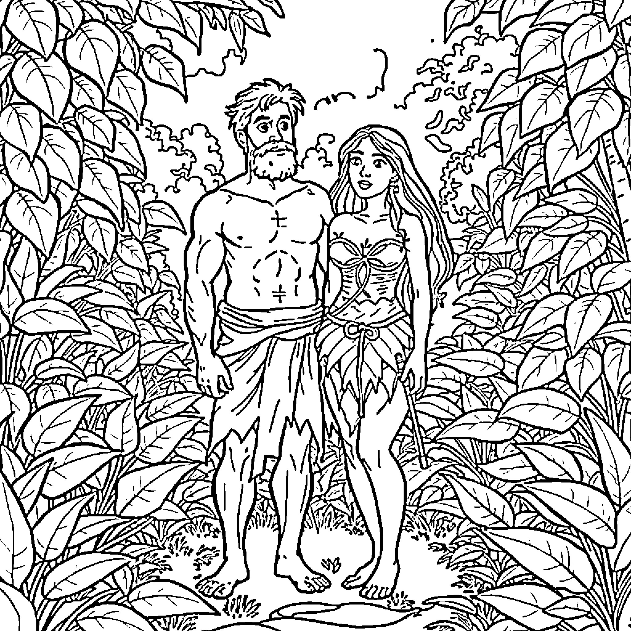 Adam and Eve in the Garden of Eden Coloring Page (free black-and-white line drawing printable PDF for all, from beginners to advanced learners, including children, teens, adults, and seniors)