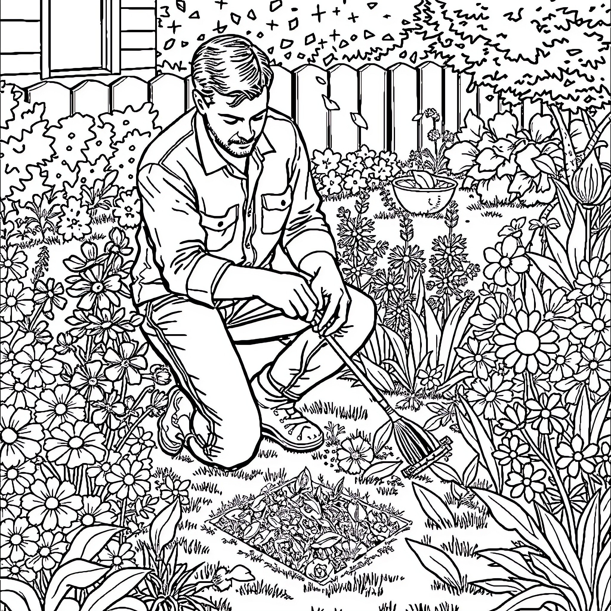 Man working diligently in lush garden Coloring Page (free black-and-white line drawing printable PDF for all, from beginners to advanced learners, including children, teens, adults, and seniors)