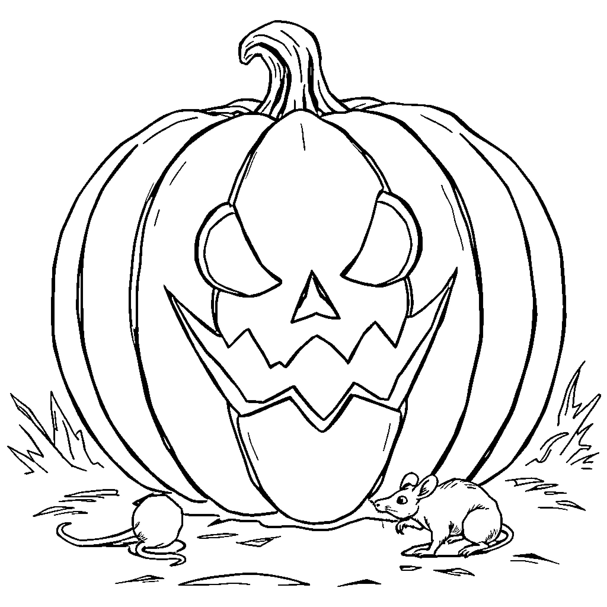 Pumpkin with jack-o'-lantern face and mouse Coloring Page (free black-and-white line drawing printable PDF for all, from beginners to advanced learners, including children, teens, adults, and seniors)