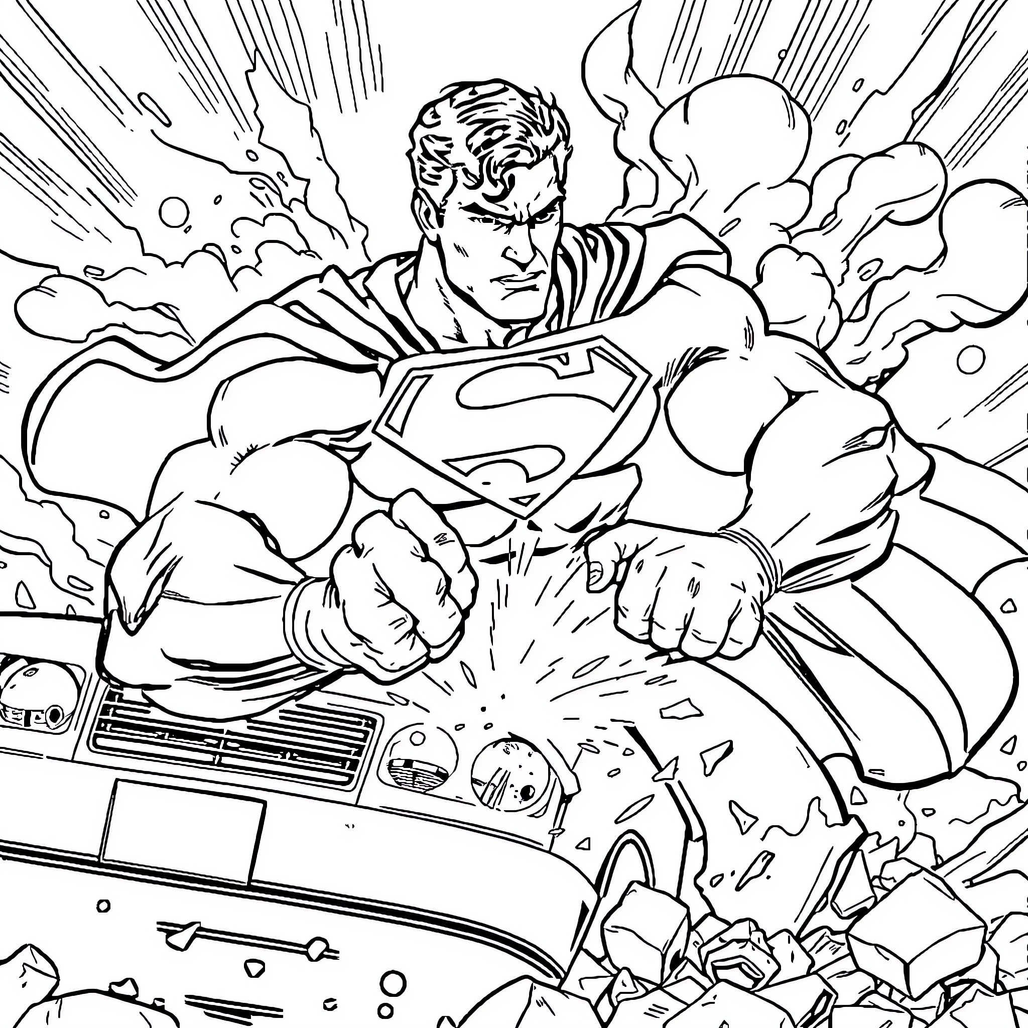Superman heroically punching through debris Coloring Page (free black-and-white line drawing printable PDF for all, from beginners to advanced learners, including children, teens, adults, and seniors)