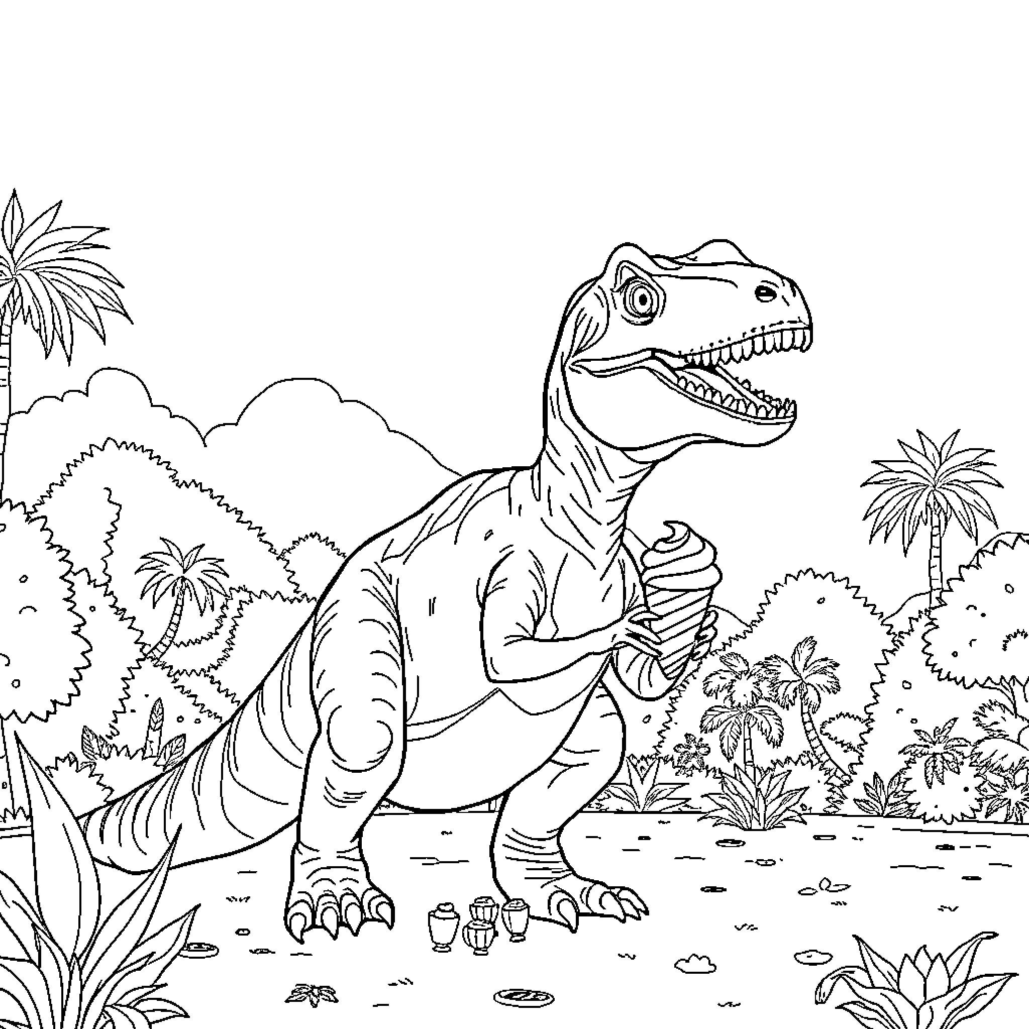 Velociraptor roaming the prehistoric landscape Coloring Page (free black-and-white line drawing printable PDF for all, from beginners to advanced learners, including children, teens, adults, and seniors)