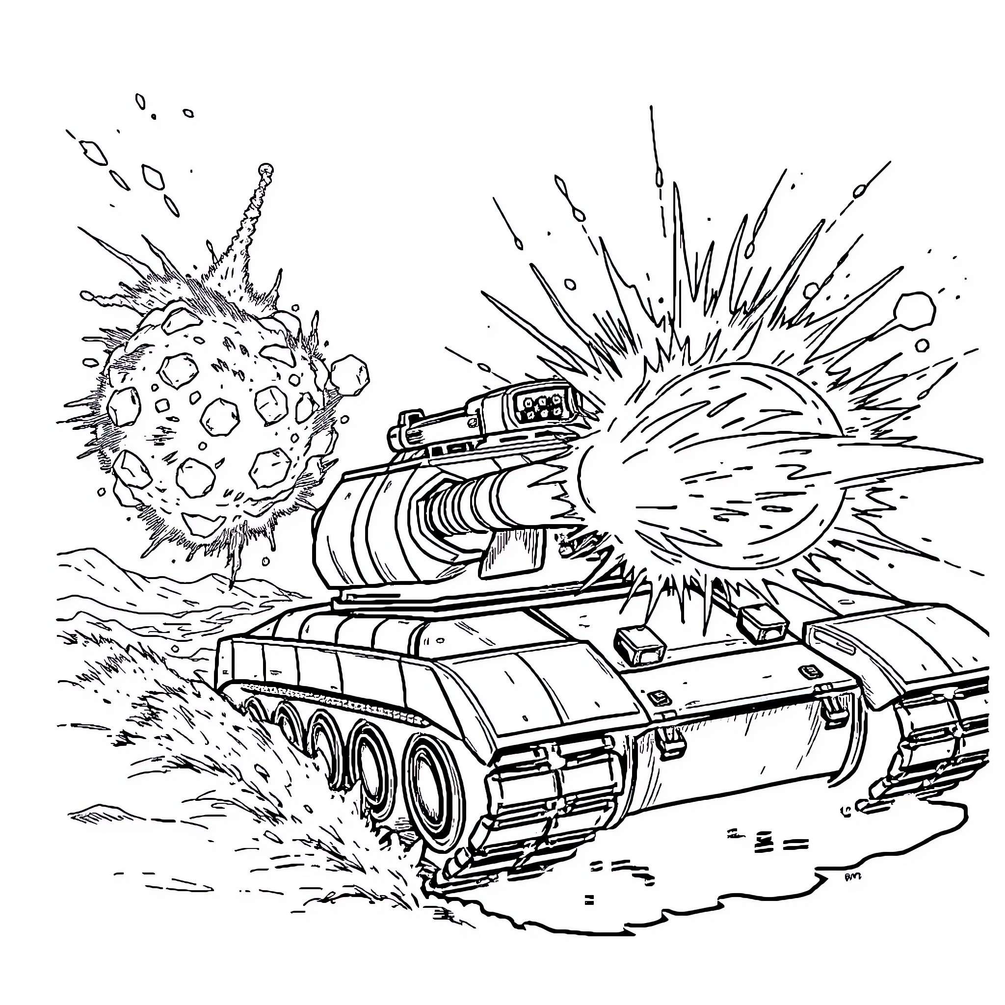 Fireball explosion from tank on the battlefield Coloring Page (free black-and-white line drawing printable PDF for all, from beginners to advanced learners, including children, teens, adults, and seniors)