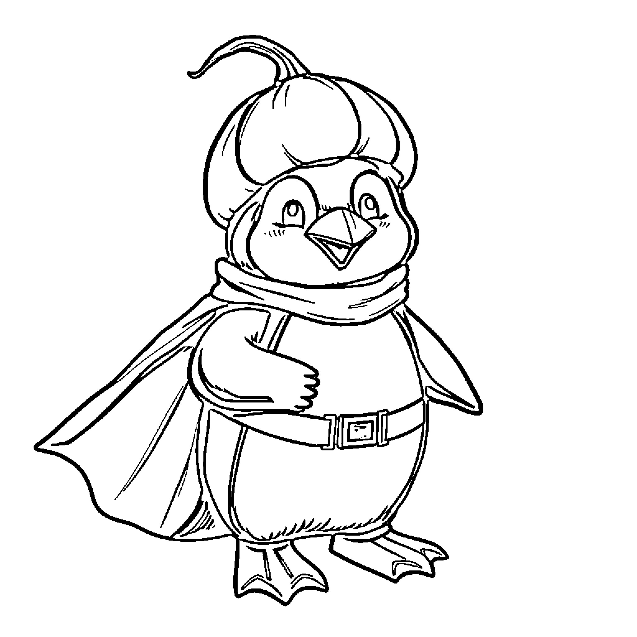 Penguin dressed as a superhero Coloring Page (free black-and-white line drawing printable PDF for all, from beginners to advanced learners, including children, teens, adults, and seniors)
