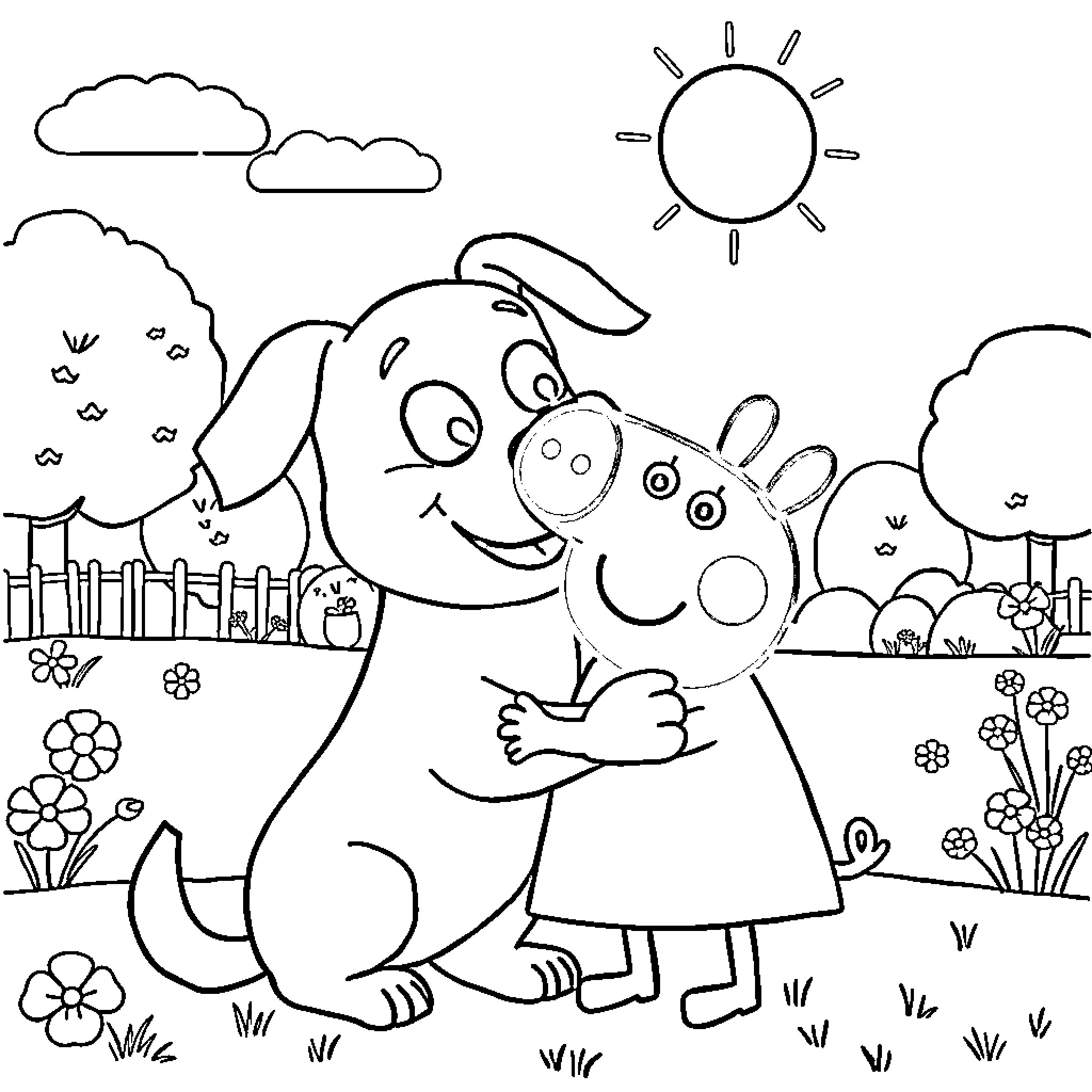 Bluey and Bingo playing outdoors in the sunshine Coloring Page (free black-and-white line drawing printable PDF for all, from beginners to advanced learners, including children, teens, adults, and seniors)