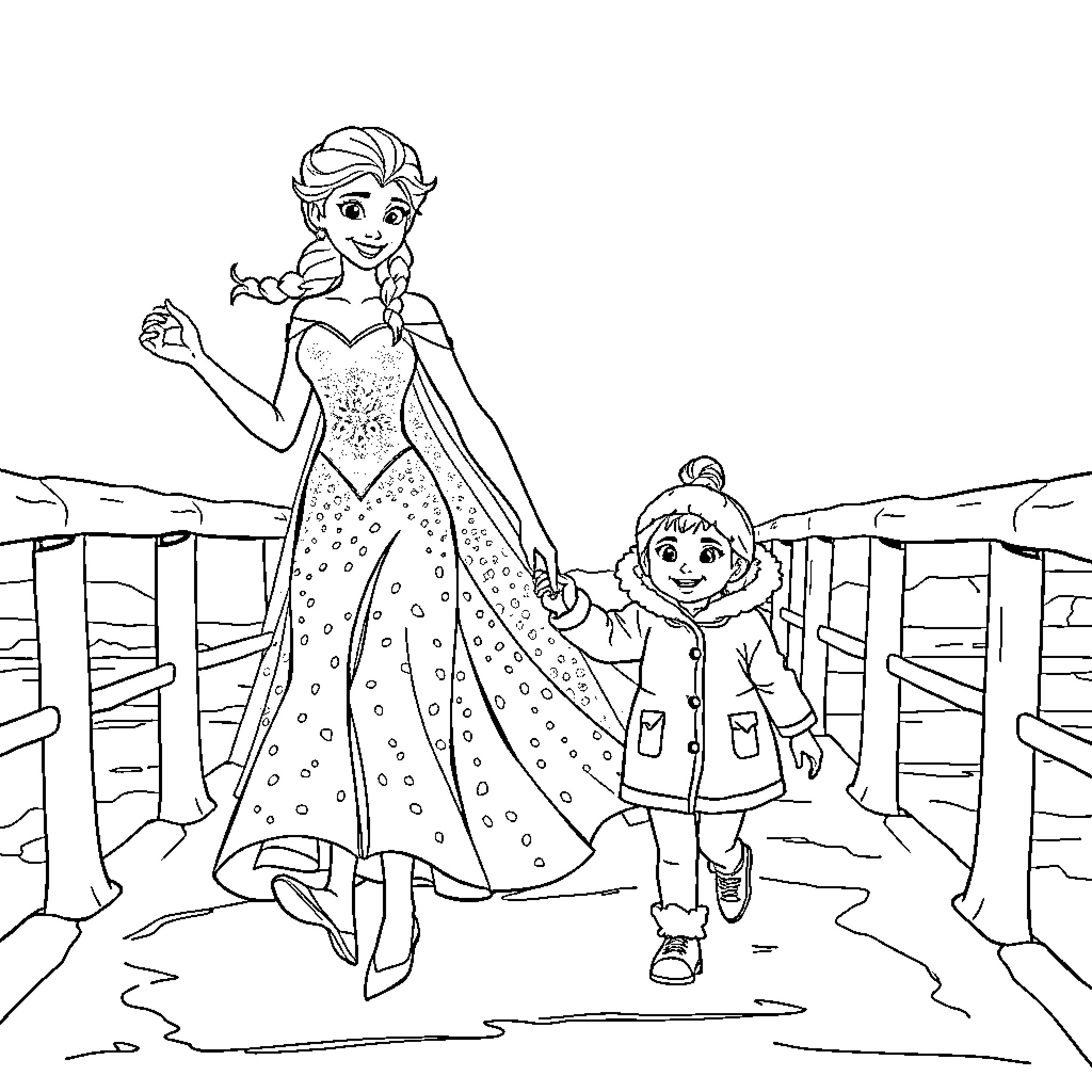 Elsa and young girl walk together on a winter day Coloring Page (free black-and-white line drawing printable PDF for all, from beginners to advanced learners, including children, teens, adults, and seniors)