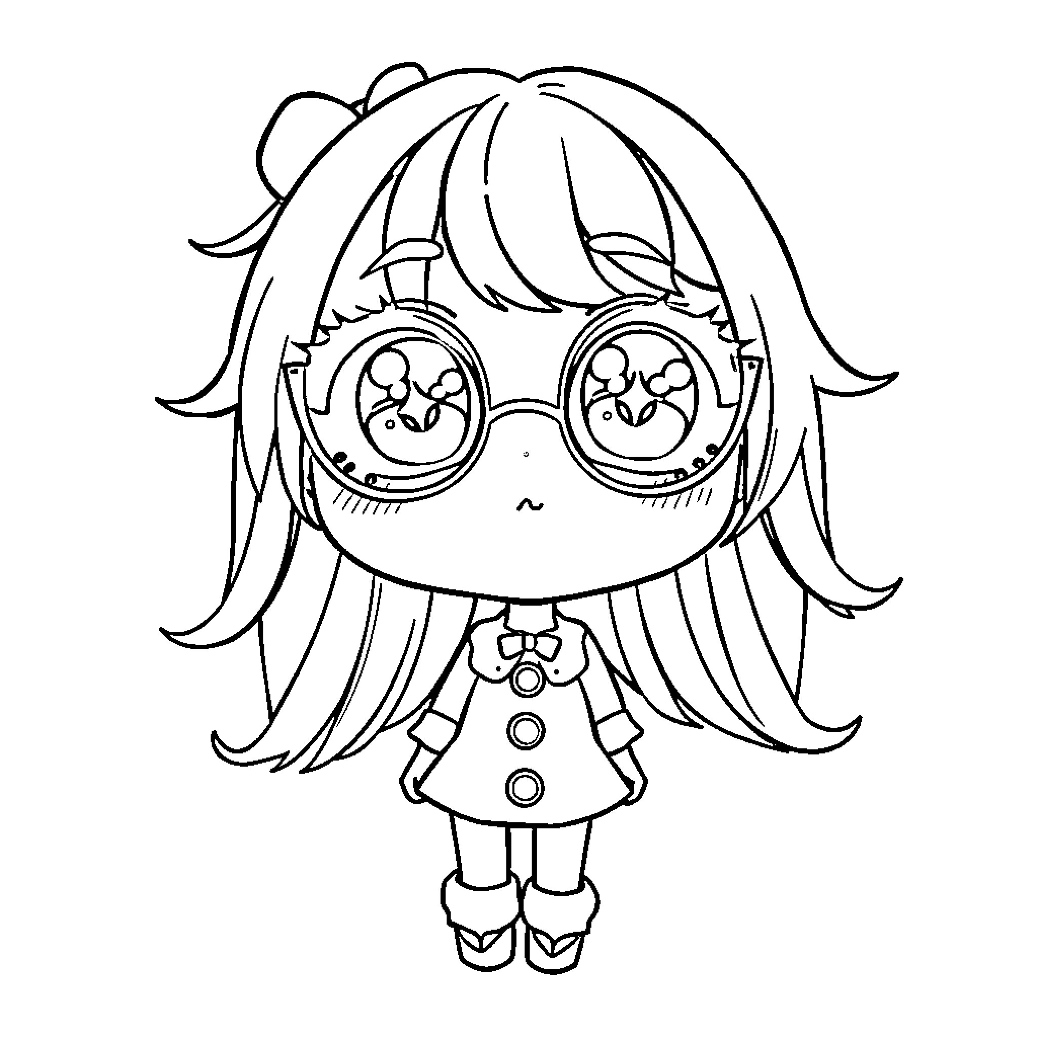 Anime Girl with Eccentric Goggles and Outfit Coloring Page (free black-and-white line drawing printable PDF for all, from beginners to advanced learners, including children, teens, adults, and seniors)