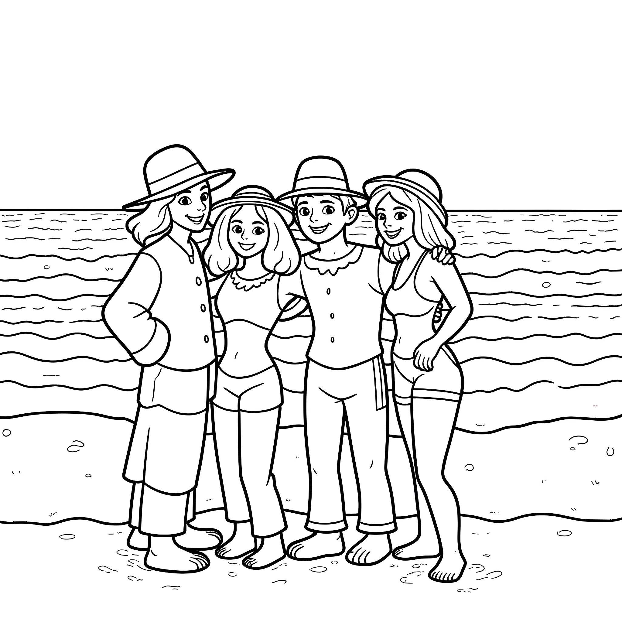 Straw Hat Crew Enjoying Beach Adventure Coloring Page (free black-and-white line drawing printable PDF for all, from beginners to advanced learners, including children, teens, adults, and seniors)