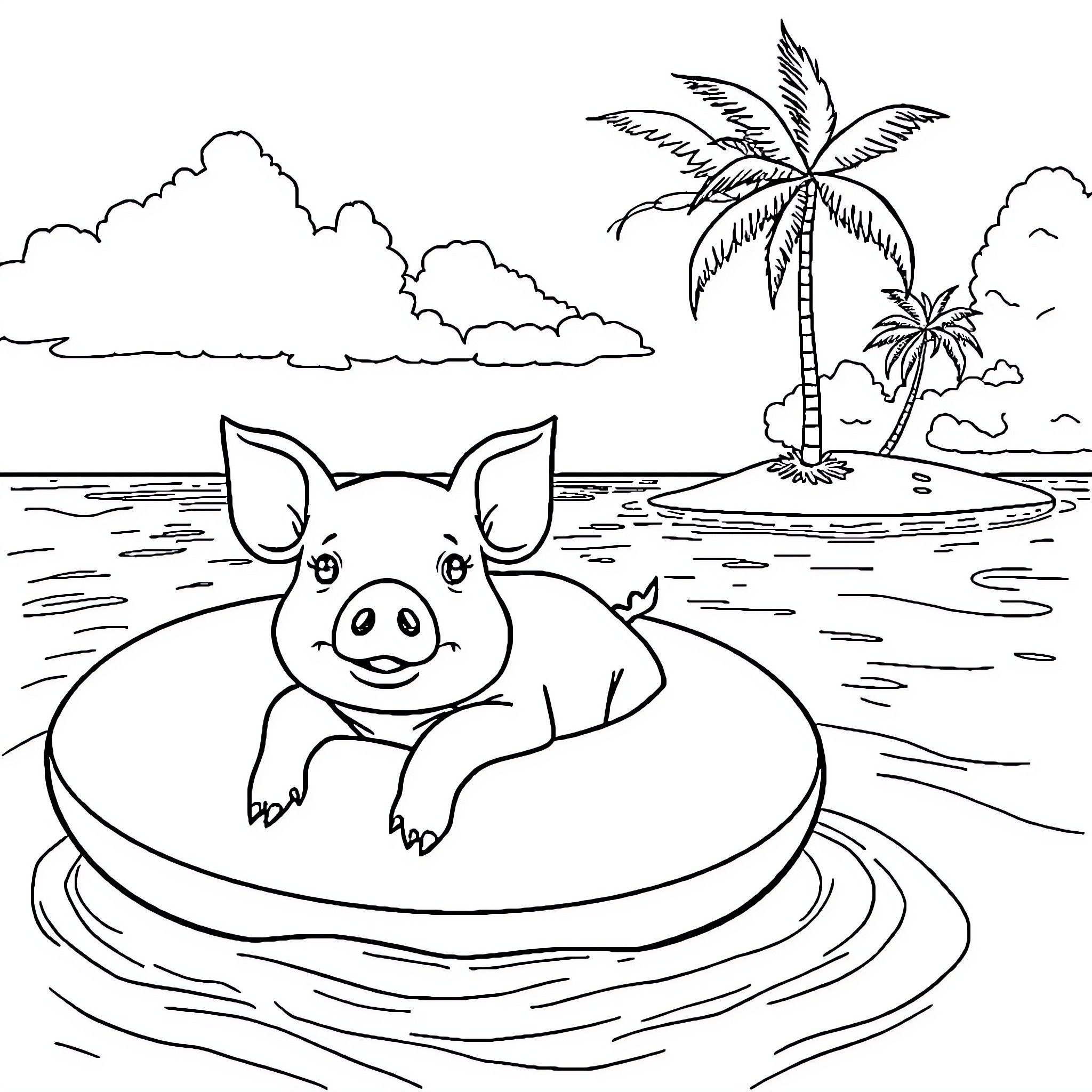 Pig relaxing on a pool float in a tropical beach scene Coloring Page (free black-and-white line drawing printable PDF for all, from beginners to advanced learners, including children, teens, adults, and seniors)